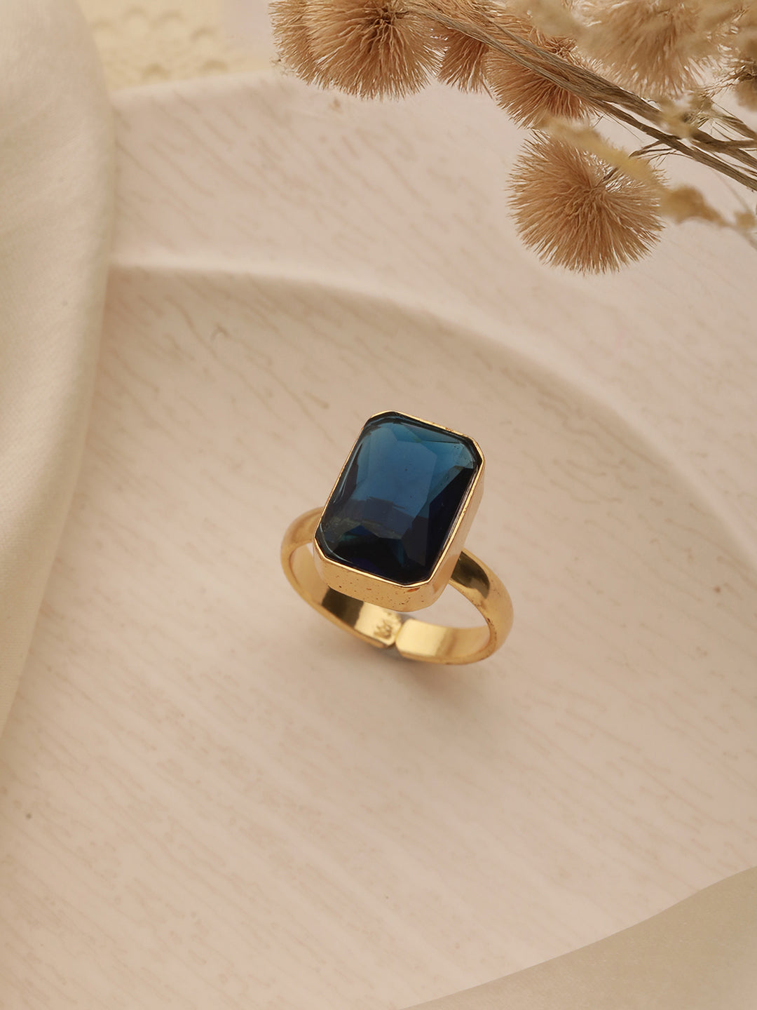 Gold plated Sapphire Blue Rectangular Minimal Adjustable Finger Ring