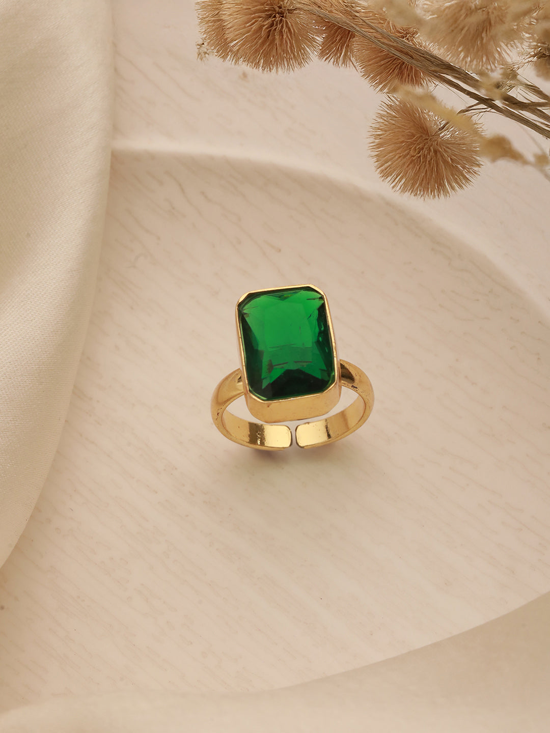 Gold plated Sapphire Emerald Green Rectangular Minimal Adjustable Finger Ring
