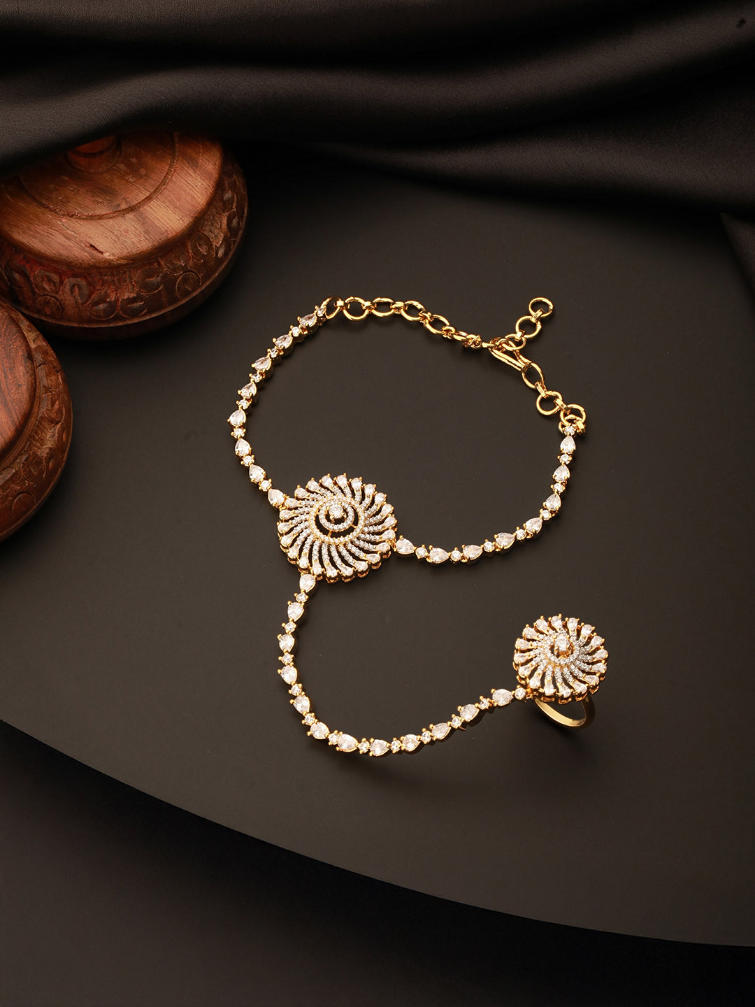 Gold Toned CZ Zircon Studded Designer Bridal Ring Bracelet Hathphool