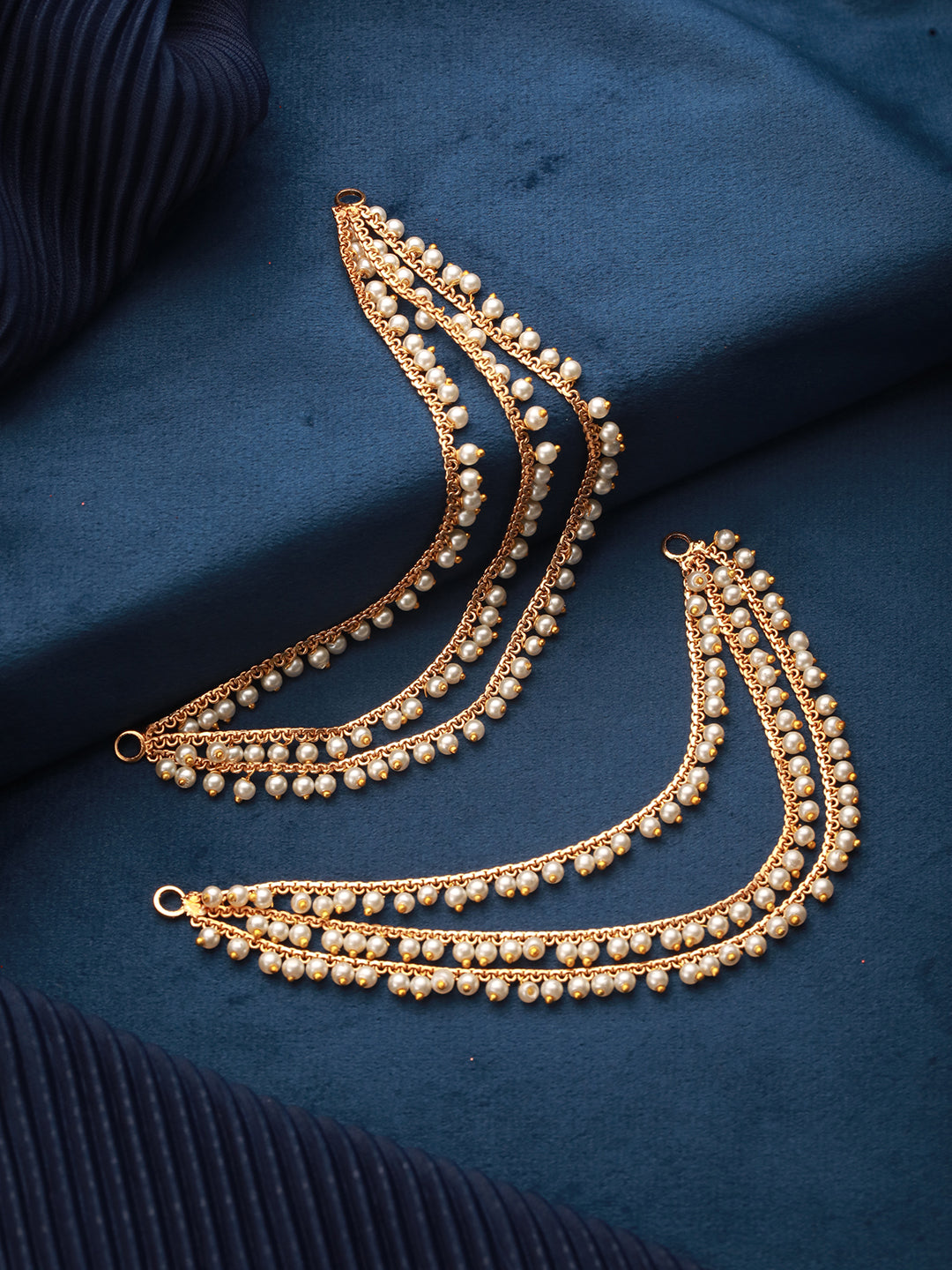 Gold Plated Temple Pearl Beaded  Multilayered Matil Earchain