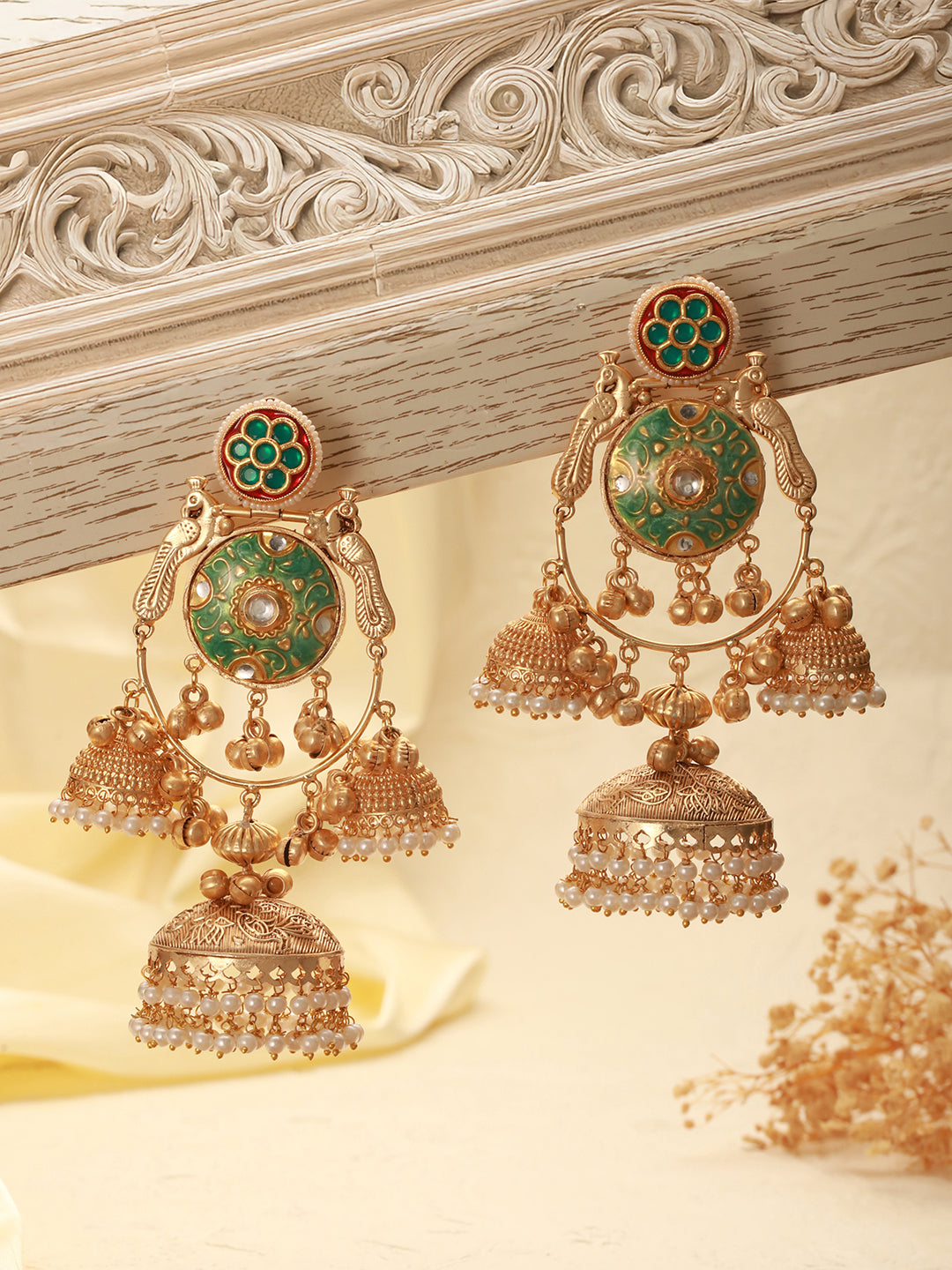 Gold Toned Kundan Studded Lightweight Designer Bridal Jhumka Earrings