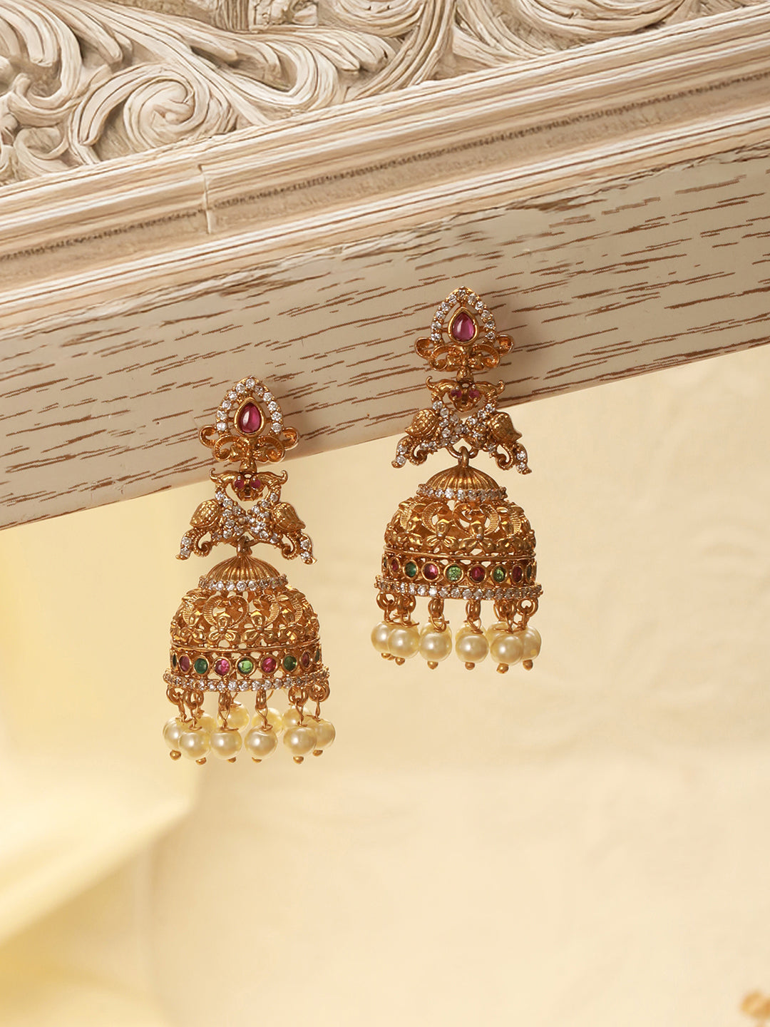 Gold Toned Red Kempo Studded Peacock Temple bridal Jhumka Earrings