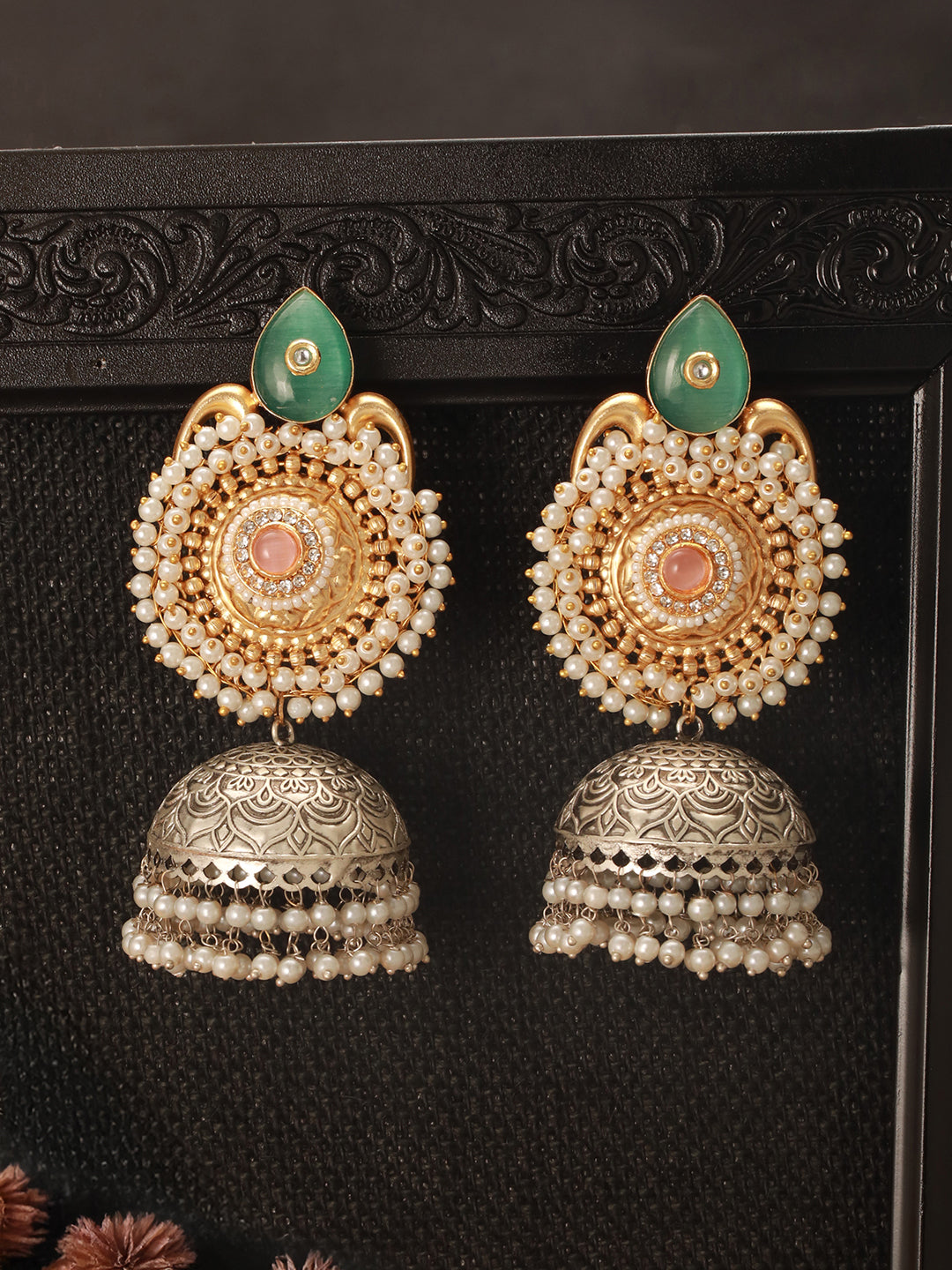 Dual Toned Gold & Oxidised Pearl Beaded Designer Lightweight Large Jhumka Earrings