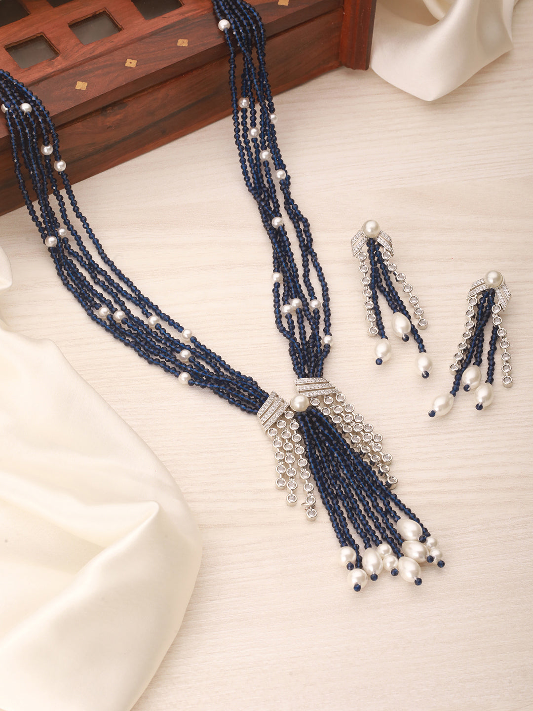 Silver Rhodium Plated Blue & White Pearls Multilayered Designer Maala Jewellery Set
