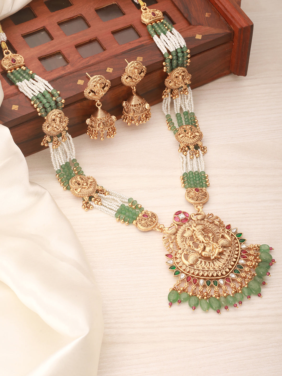 Gold Plated Green Pearl Beaded Ganesha  Motif Long haram Temple Jeellery Set