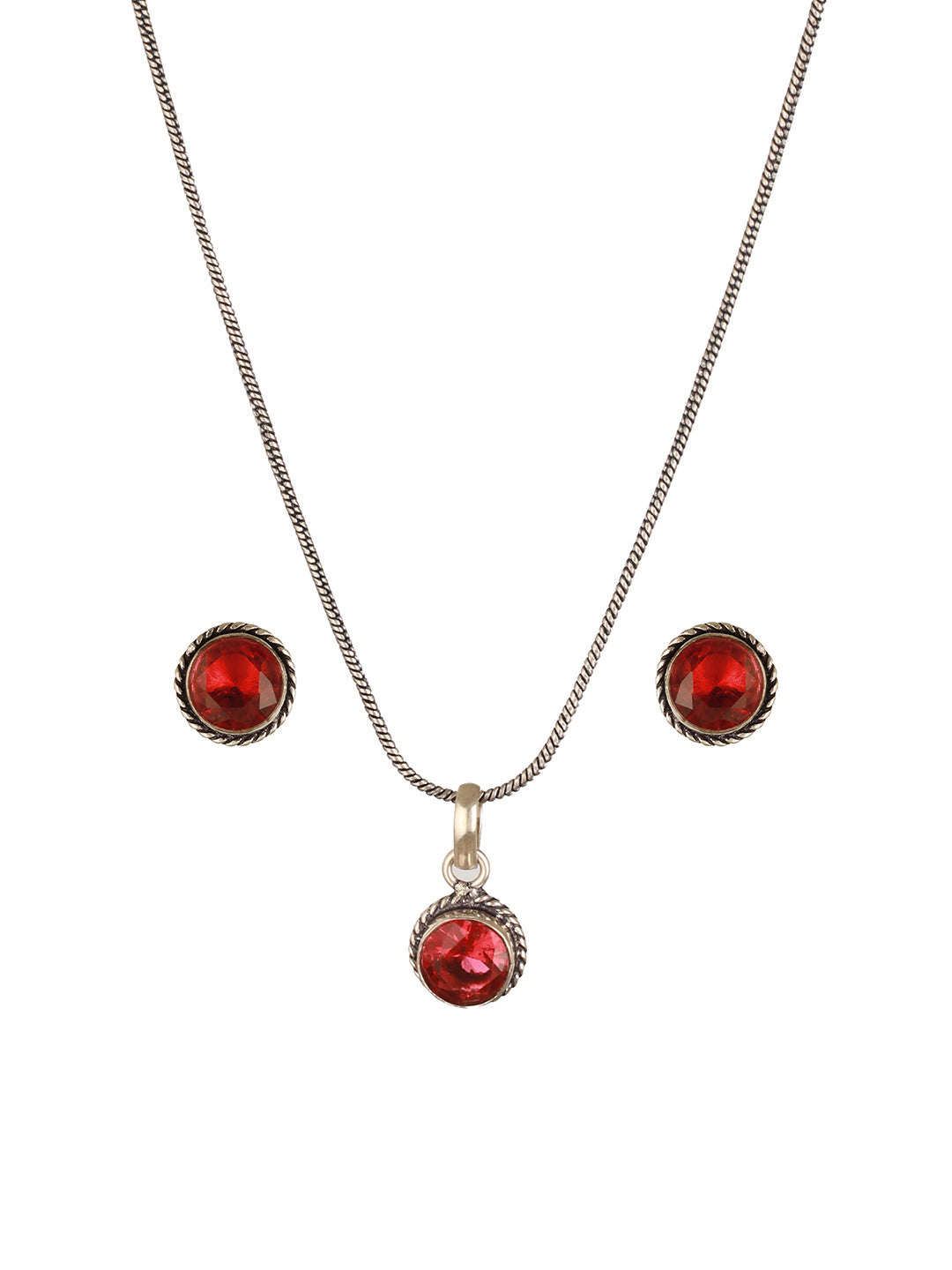 Silver Oxidies red stons studed minimal locket jewellery set