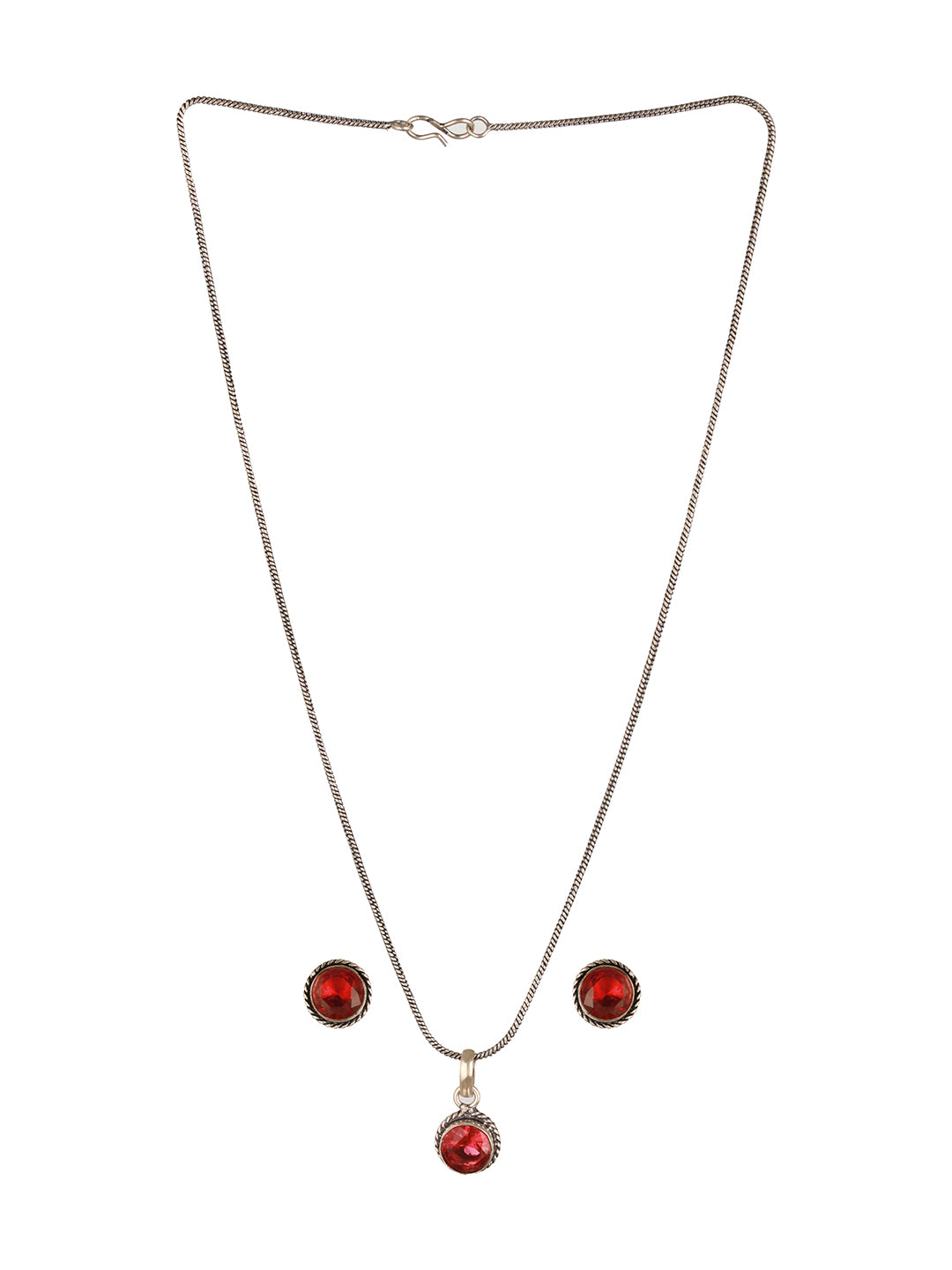 Silver Oxidies red stons studed minimal locket jewellery set