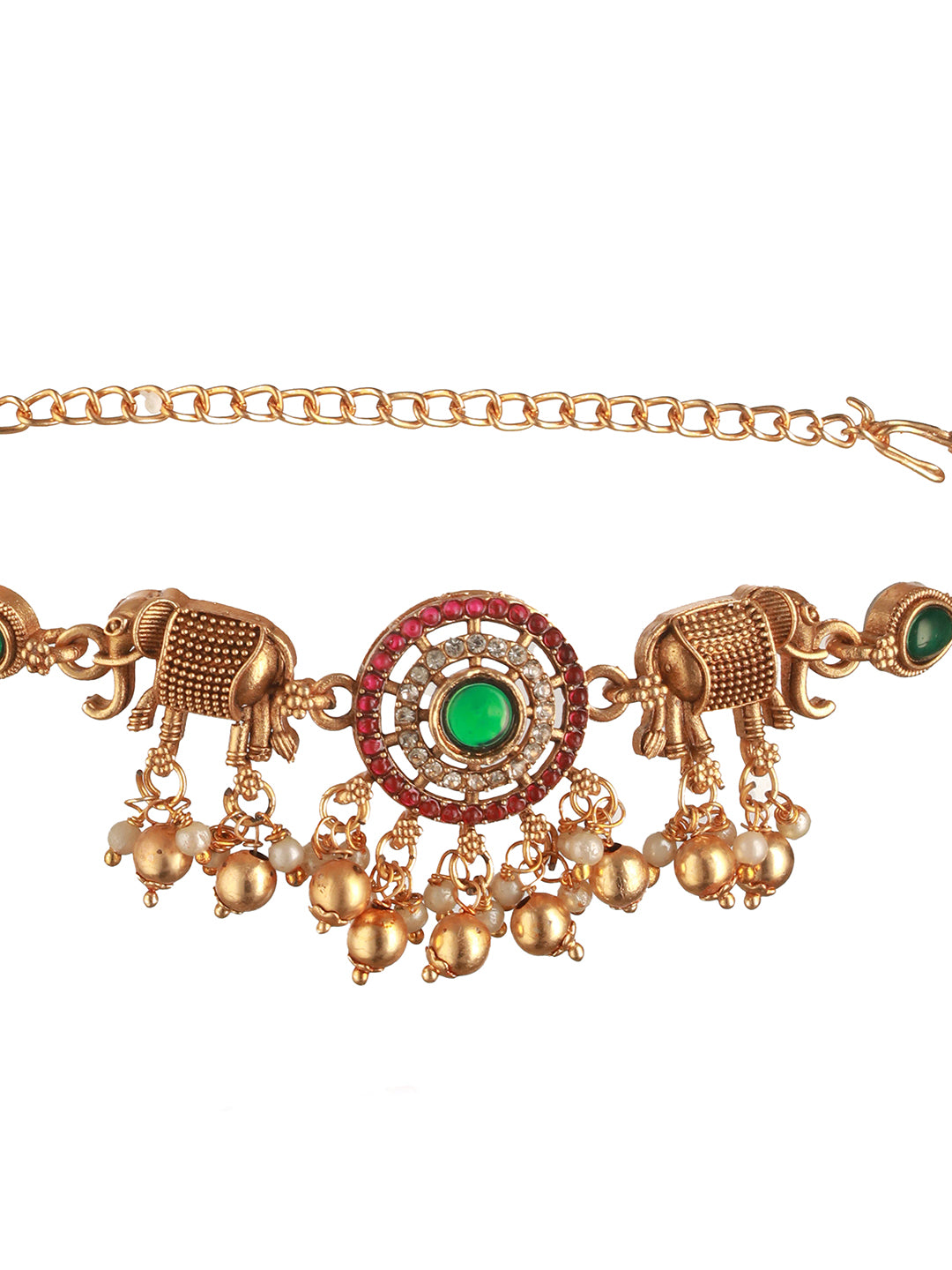 Gold Plated Green Kempo Studded Elepahant Delicate Choker Jewellery Set