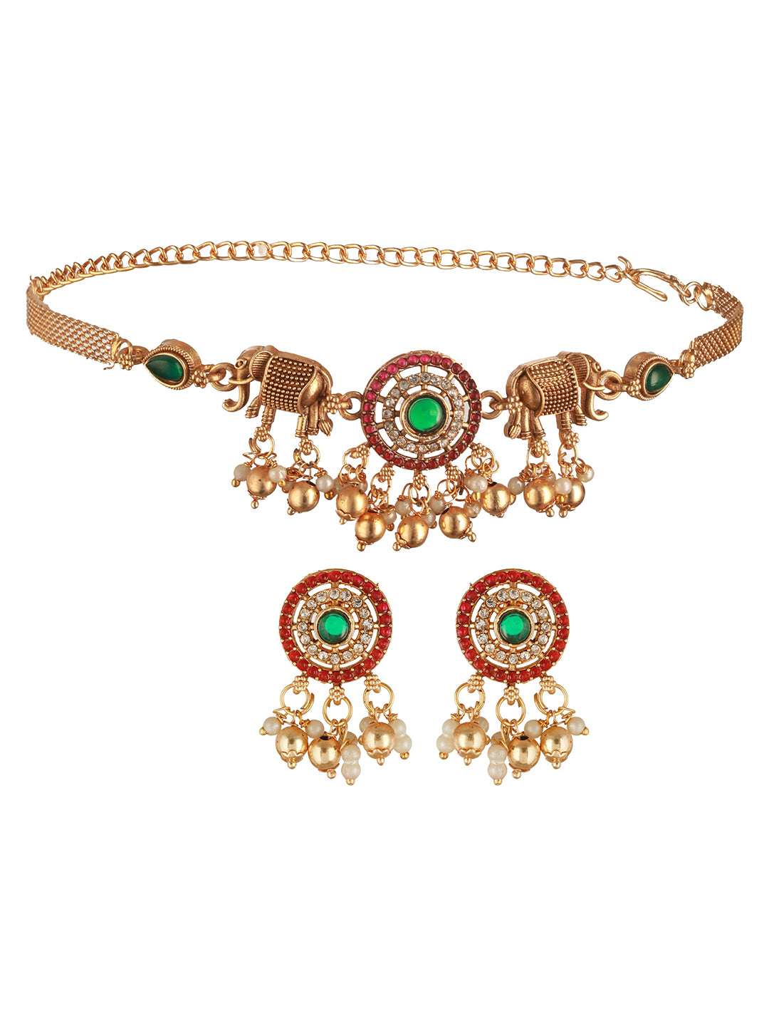 Gold Plated Green Kempo Studded Elepahant Delicate Choker Jewellery Set