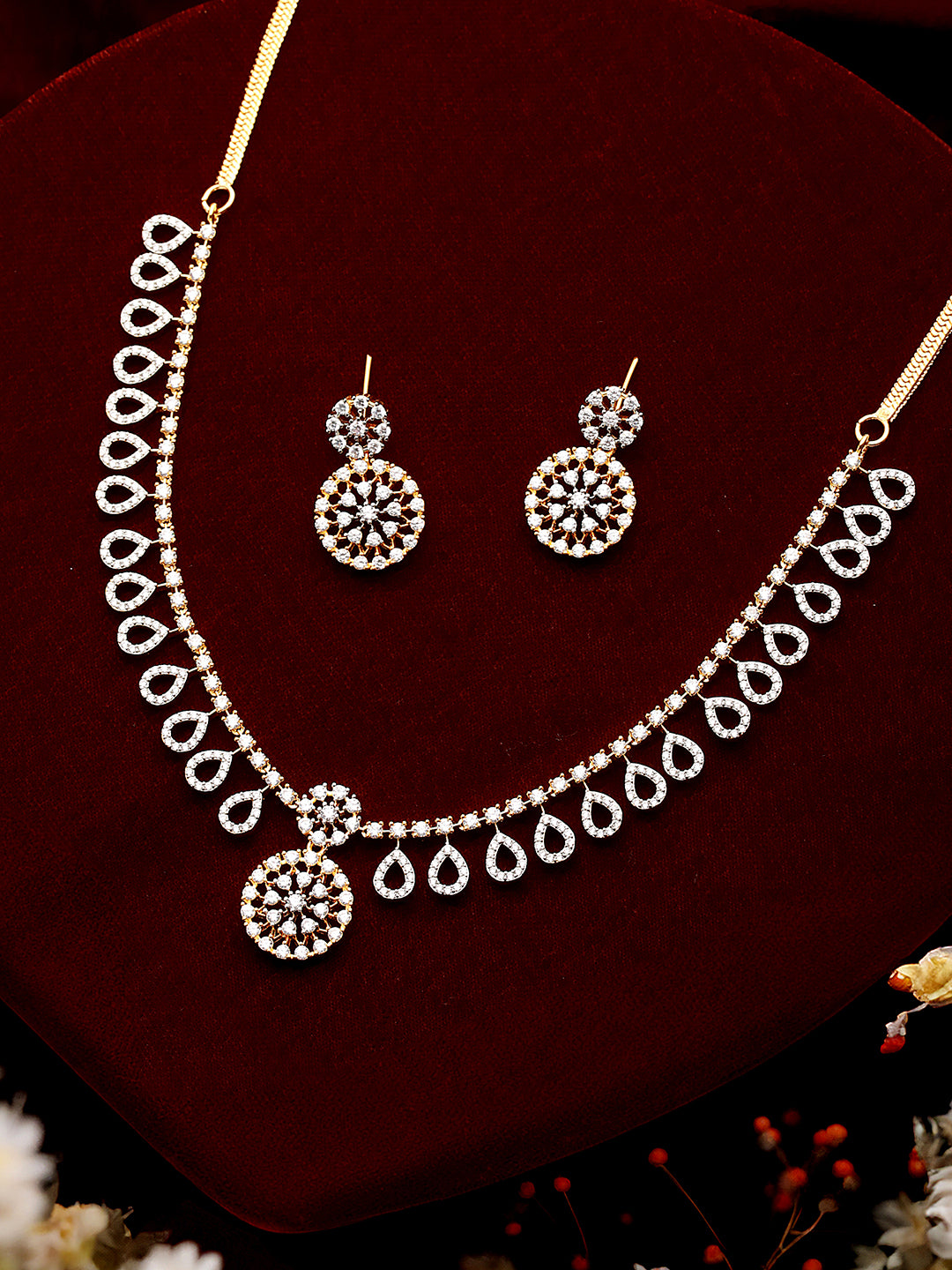 Gold Toned AD Studded  Floral Drop Minimal  Jewellery Set
