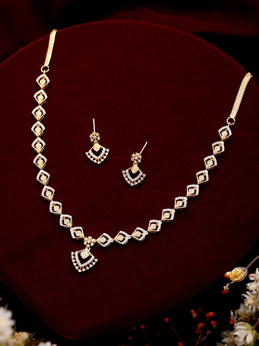 Gold Toned AD Studded Geometric Shaped Delicate Pendant Jewellery Set