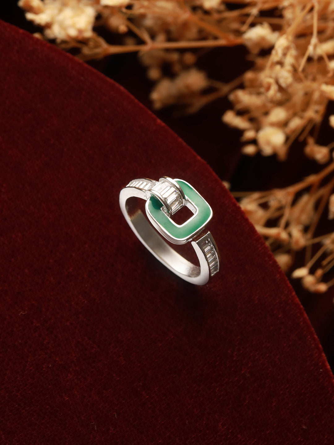 SARAF TRENDZ Anti-tarnish Silver Plated AD Studded Enamelled Finger Ring