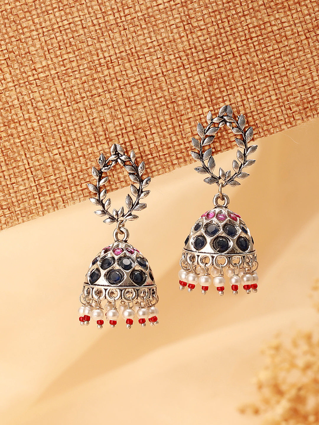 Oxidised Earrings with Red & Blue Stones and Pearl Beading