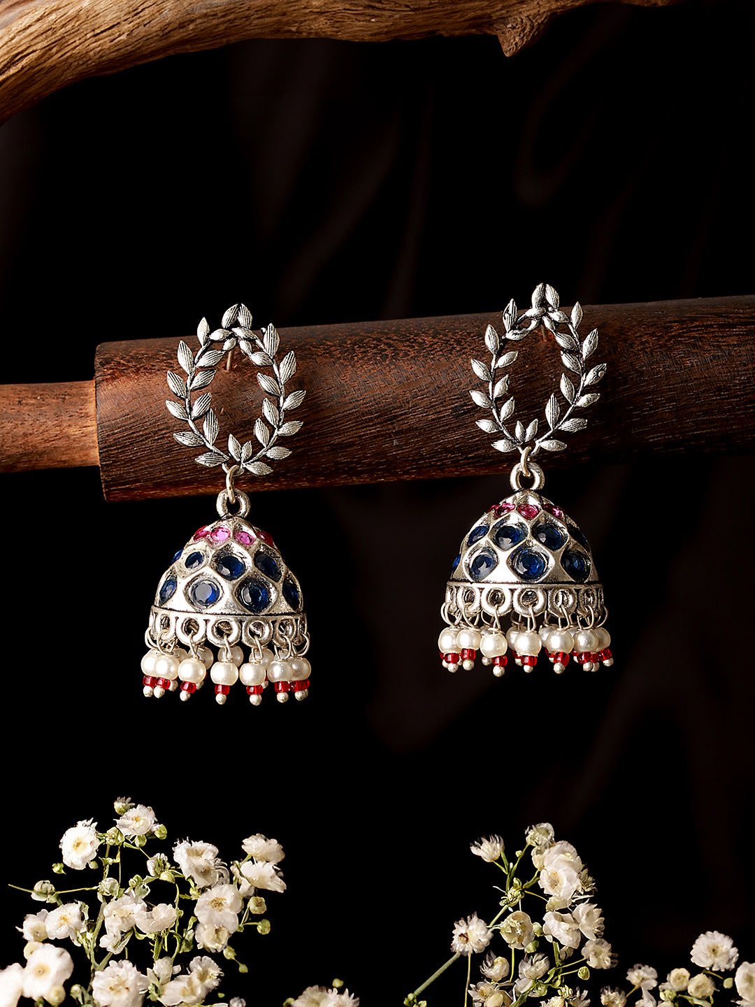 Oxidised Earrings with Red & Blue Stones and Pearl Beading