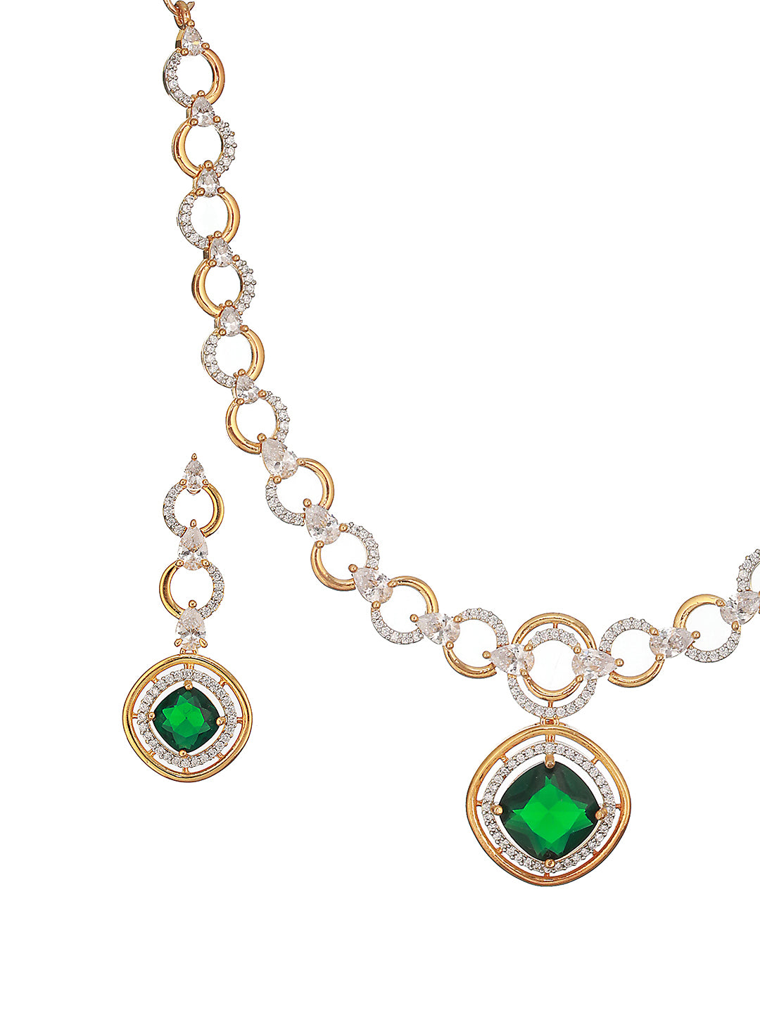 Gold Toned Emerald Green AD Studded Statement Link Pendant Jewellery Set