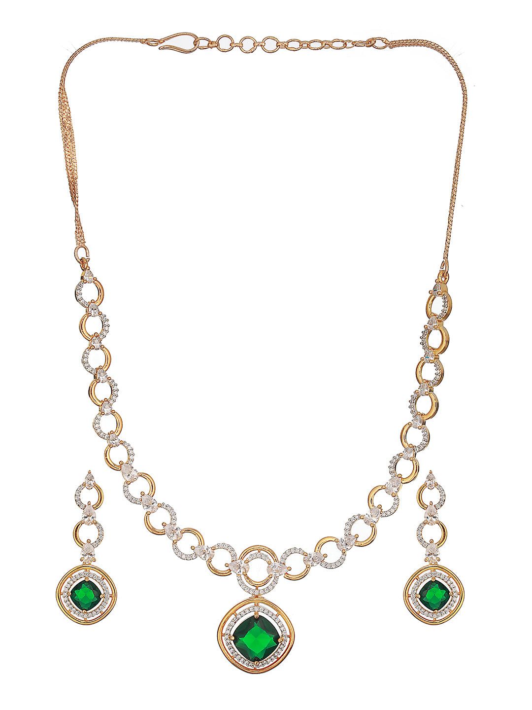 Gold Toned Emerald Green AD Studded Statement Link Pendant Jewellery Set