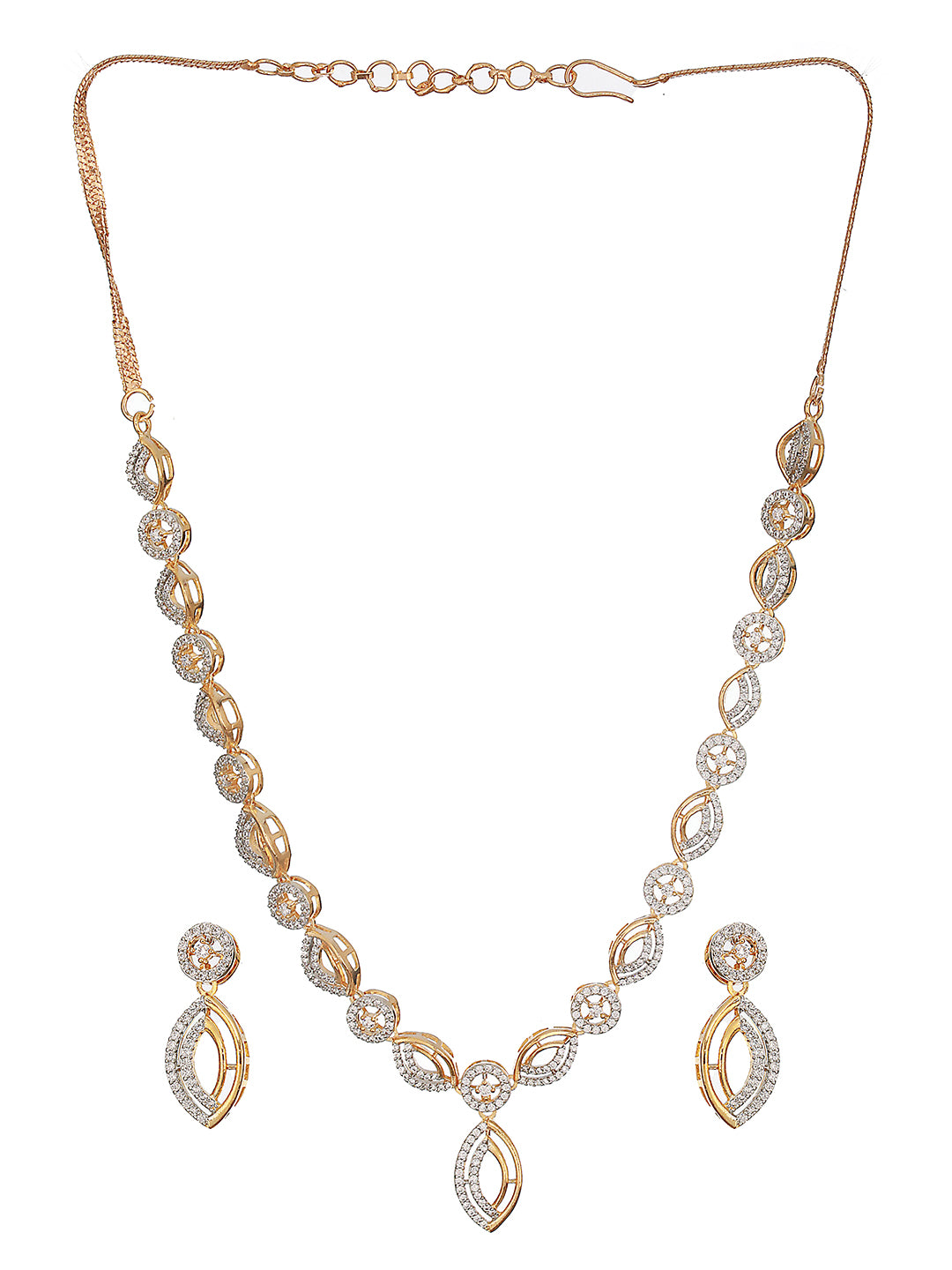 Gold Toned AD Studded Minimal Leaf Design Pendant Jewellery Set