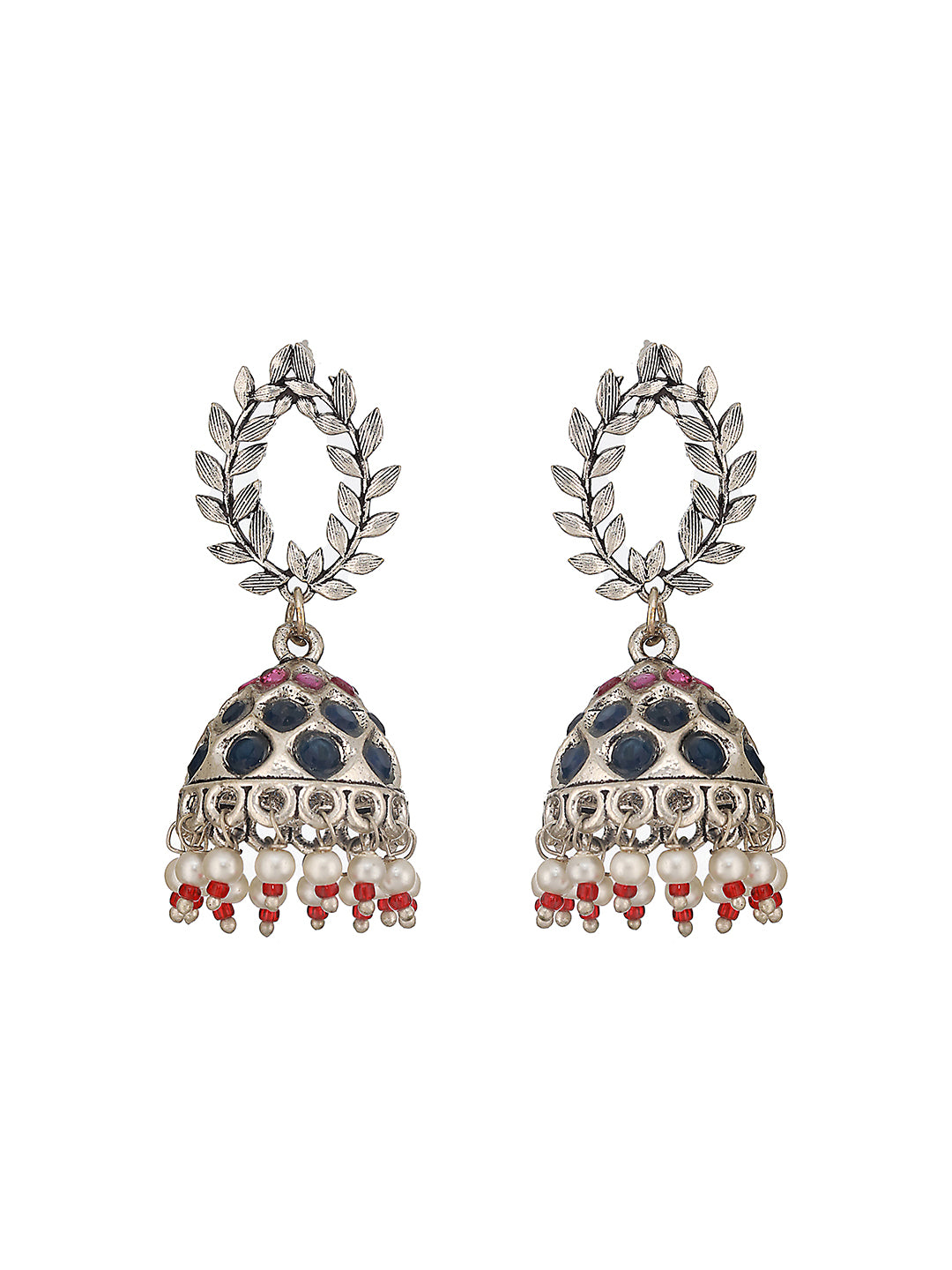 Oxidised Earrings with Red & Blue Stones and Pearl Beading