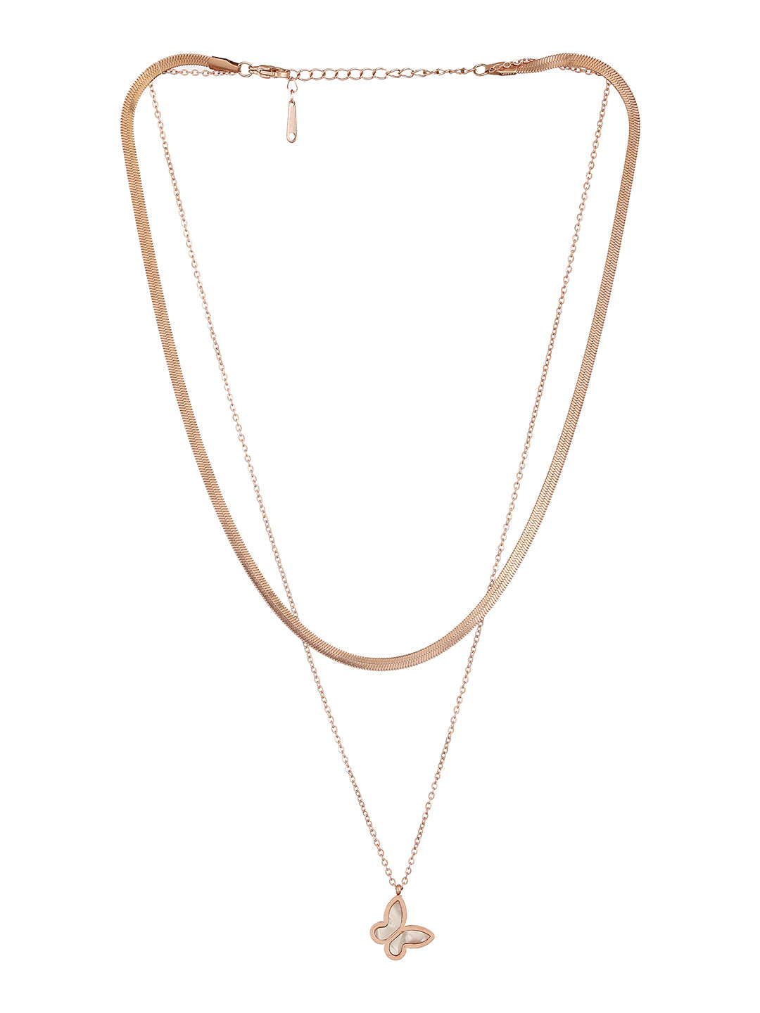 Anti-Tarnish Rose Gold Polish Layered Snake Chain Butterfly Necklace & Chain