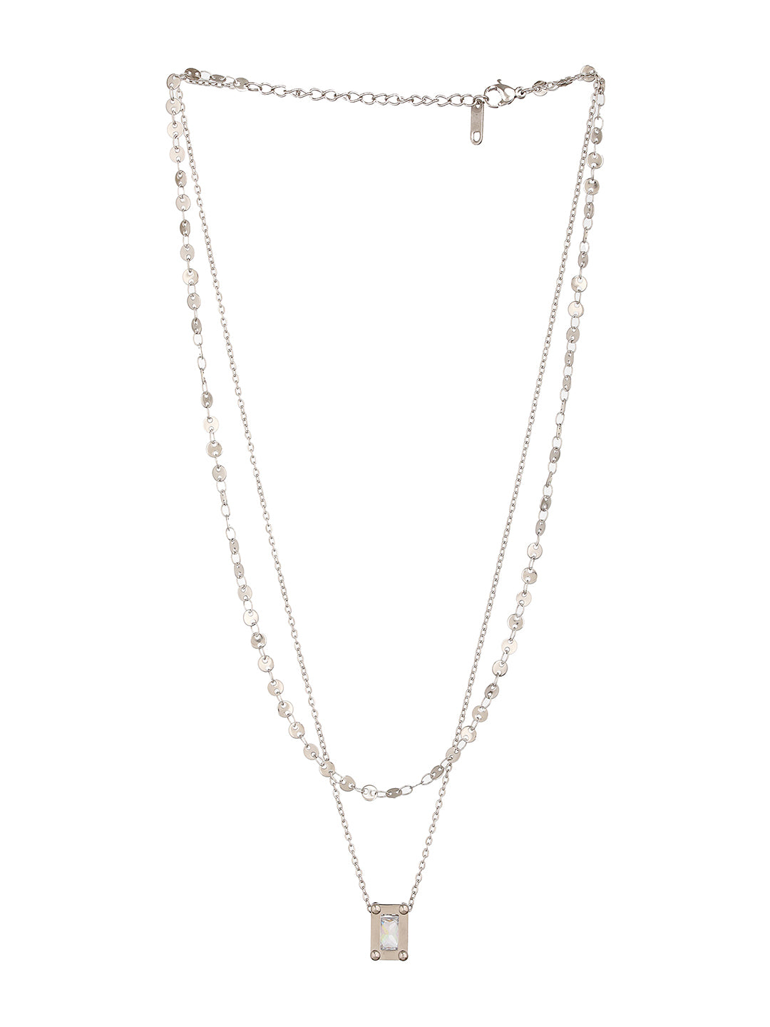 Anti-Tarnish Rhodium Plated Layered Ball Chain Shiny Geometric Square Stone  Necklace & Chain
