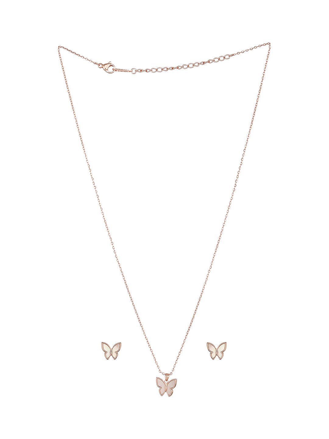 Anti-Tarnish Rose Gold Toned Faux Pearl Butterfly  Minimal Chain Pendant Jewellery Set