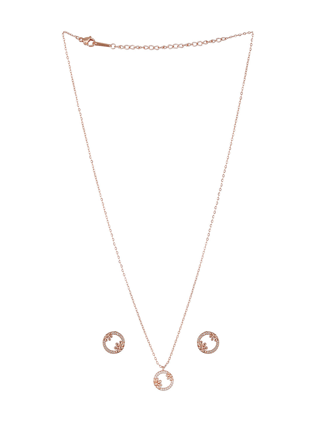 Anti-Tarnish Rose Gold Plated AD Studded Minimal Circular Floral Pendant Jewellery Set