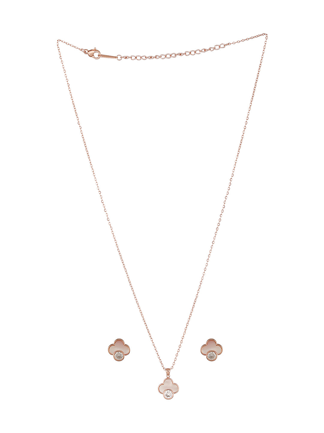 Anti-Tarnish Rose Gold Plated Faux Pearl & AD  Embellished Floral Pendant  ChainJewellery Set