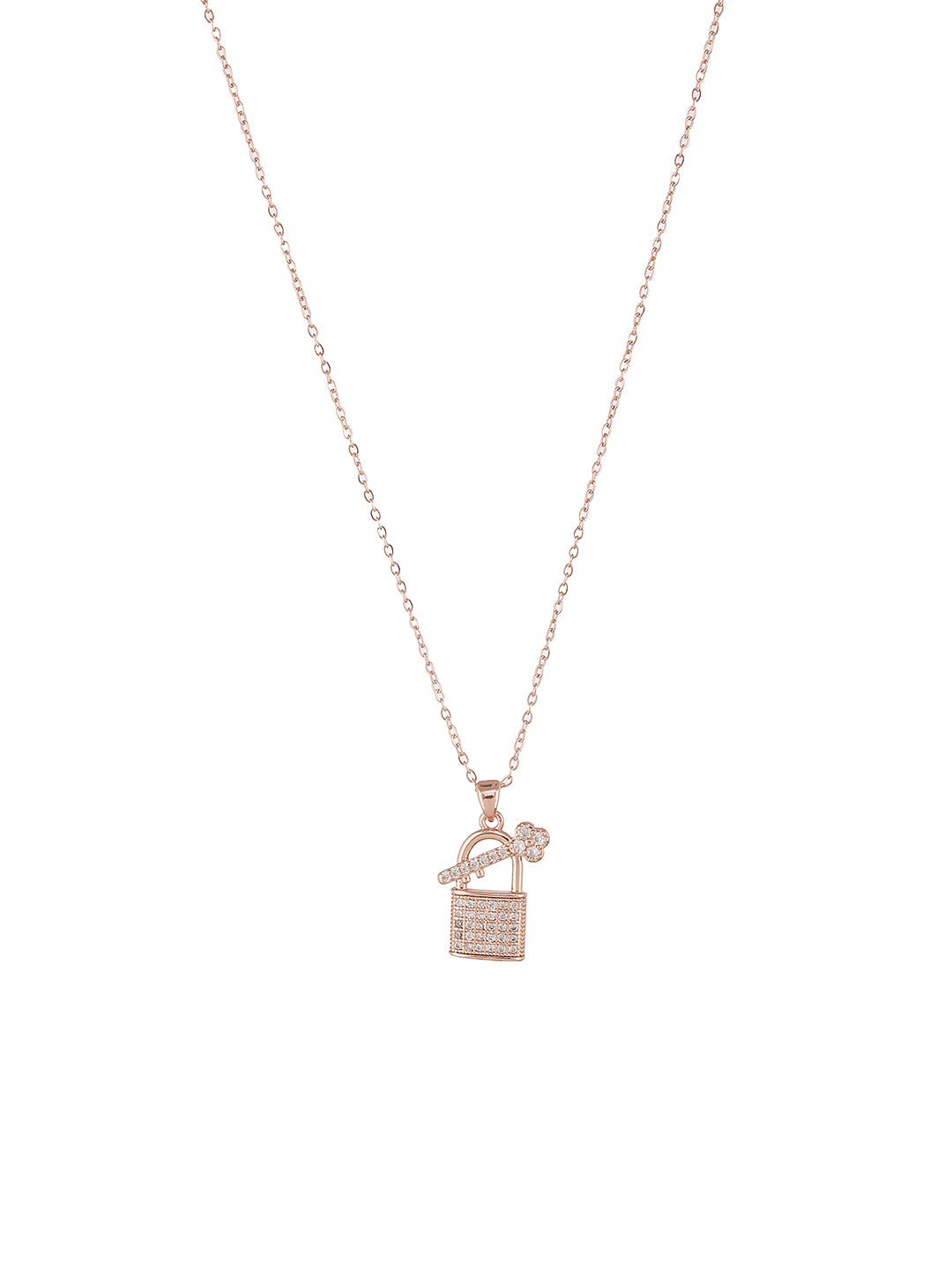 Anti-Tarnish Rose Gold Plated AD Studded Lock & Key Pendant Minimal Necklace & Chain