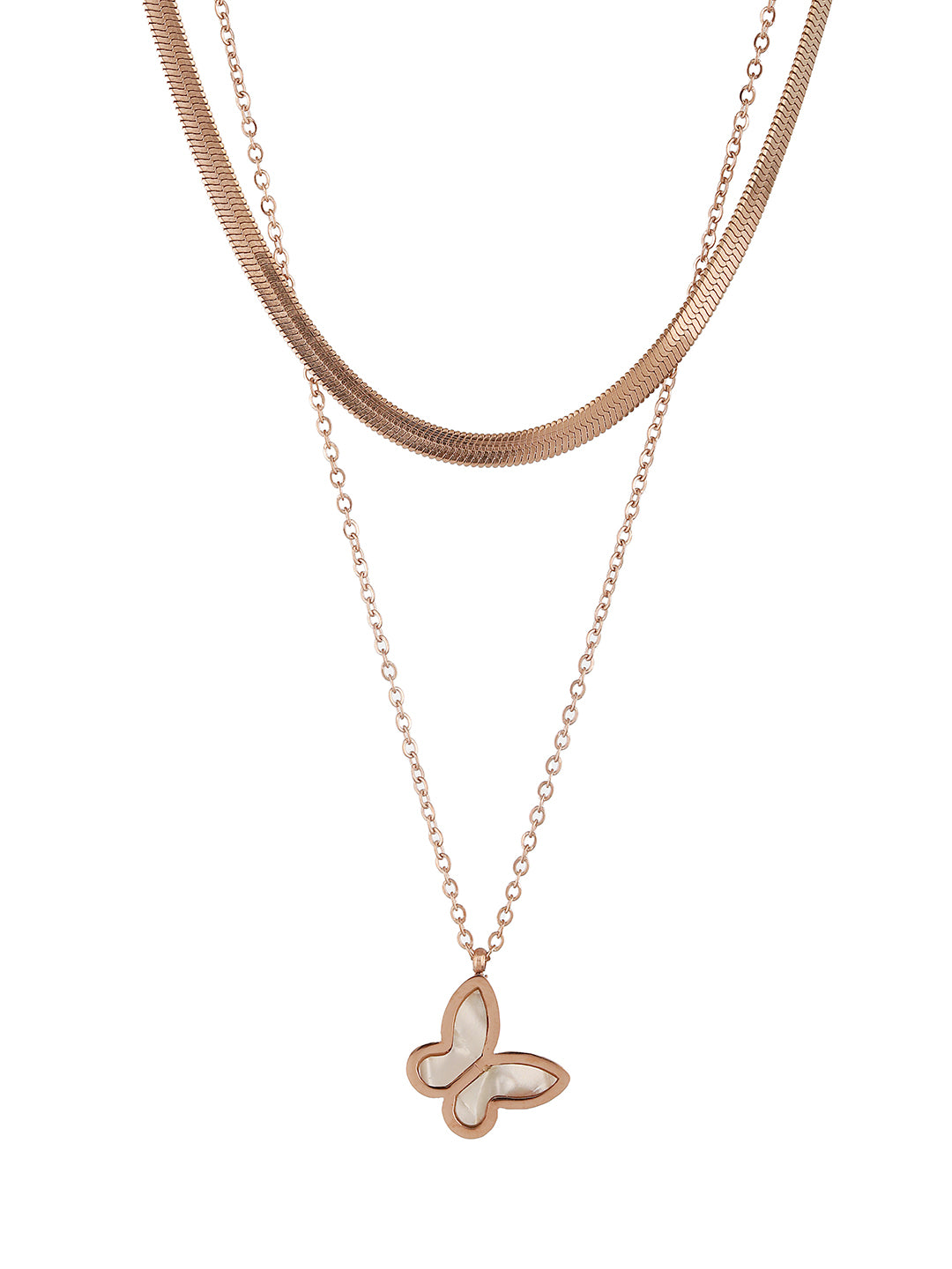 Anti-Tarnish Rose Gold Polish Layered Snake Chain Butterfly Necklace & Chain