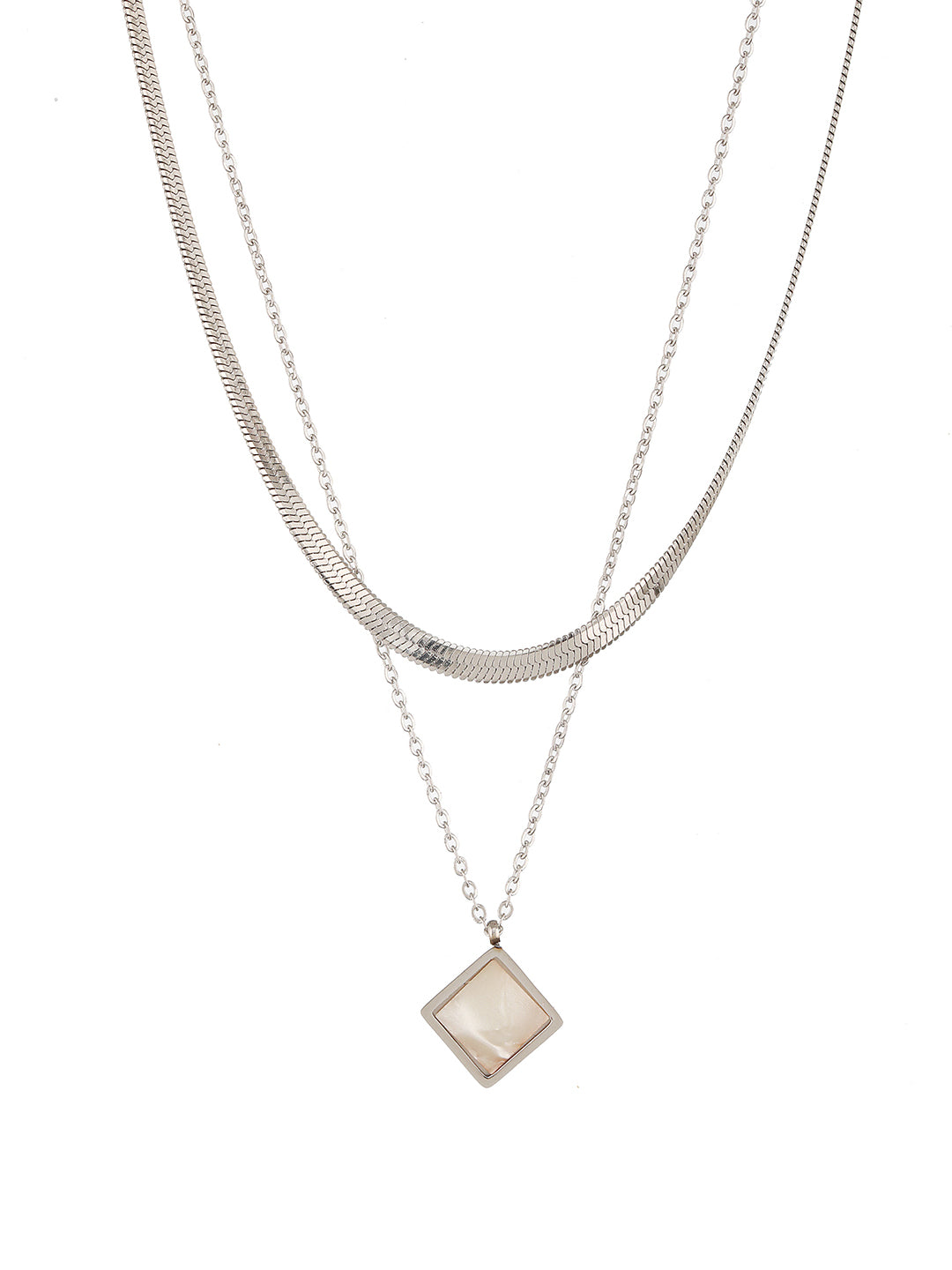 Anti-Tarnish Steel Rhodium Plated layered Snake Chain Faux Pearl Studded Necklace & Chain