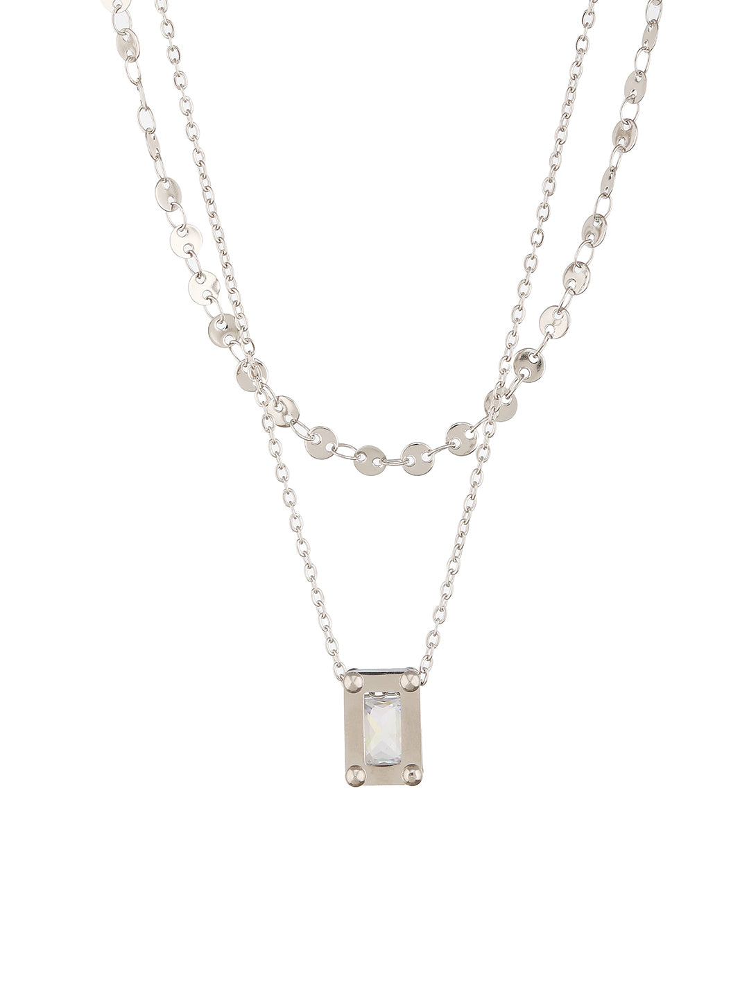 Anti-Tarnish Rhodium Plated Layered Ball Chain Shiny Geometric Square Stone  Necklace & Chain