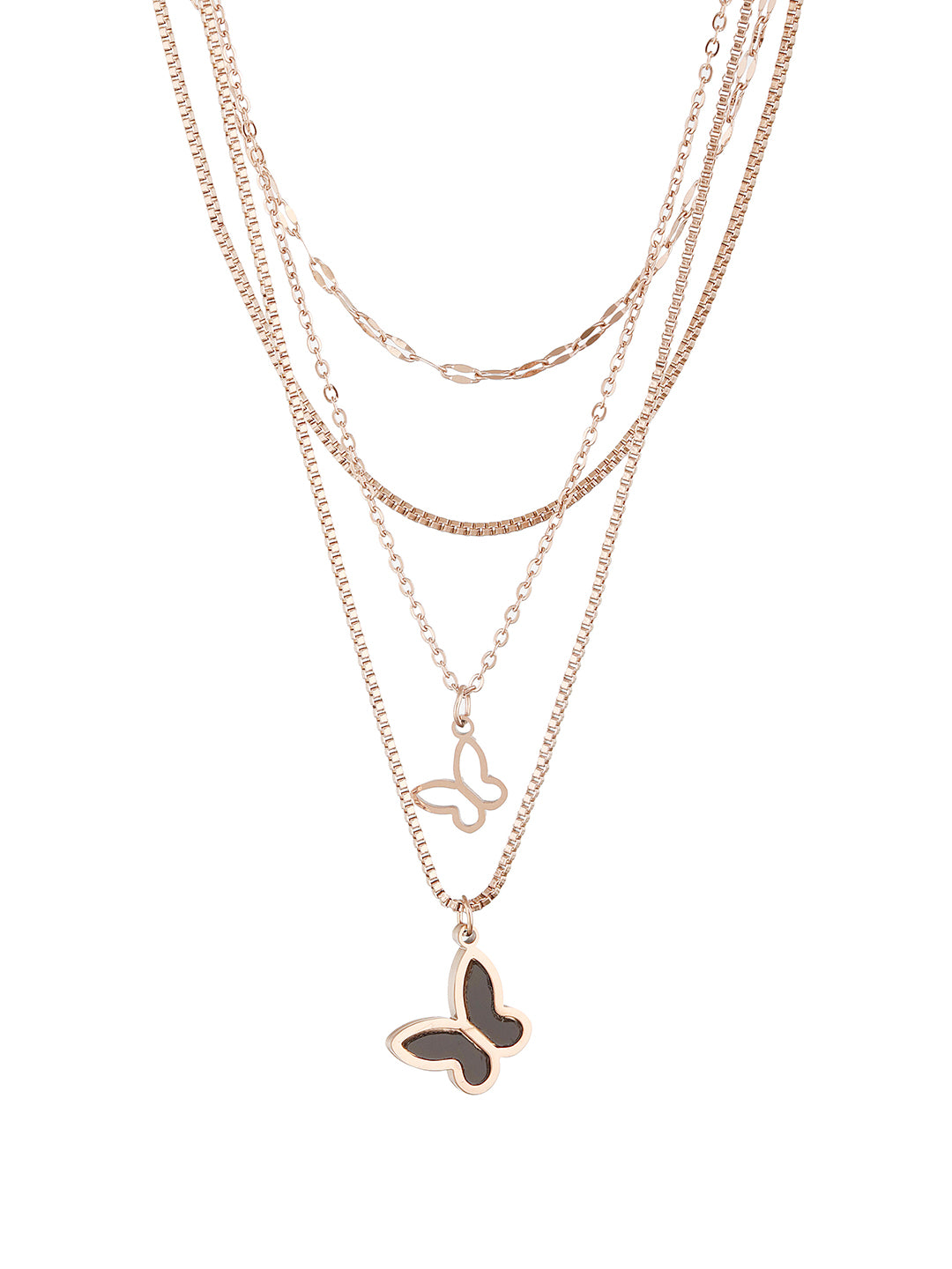 Anti-Tarnish Rose Gold  4 layered Chunky Shadow  Butterfly Pendant Necklace & Chain
