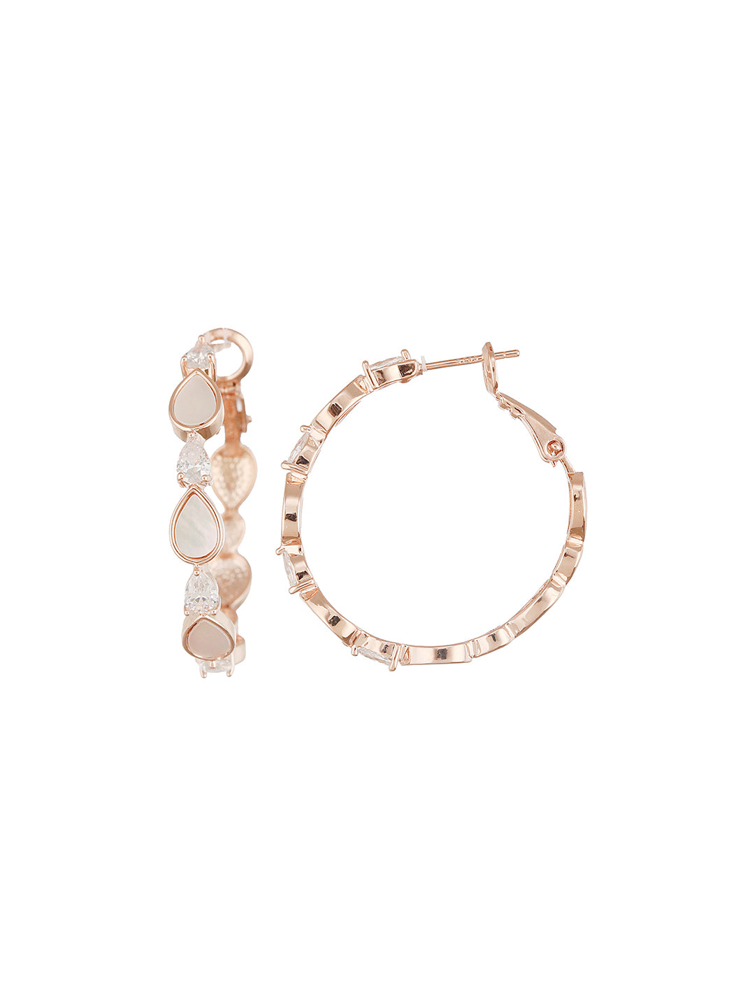 Anti-Tarnish Rose Gold Toned Faux Pearl AD Studded Hoop Minimal Bali Earrings