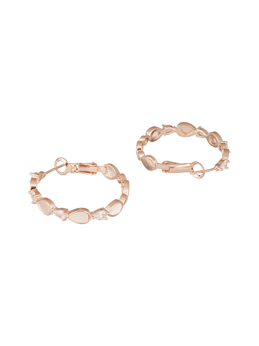 Anti-Tarnish Rose Gold Toned Faux Pearl AD Studded Hoop Minimal Bali Earrings