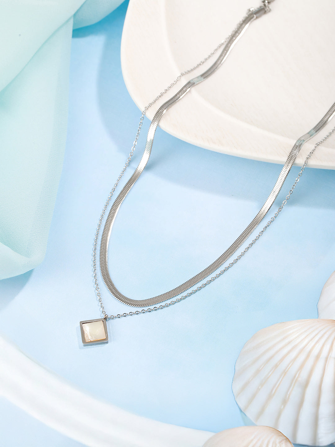 Anti-Tarnish Steel Rhodium Plated layered Snake Chain Faux Pearl Studded Necklace & Chain