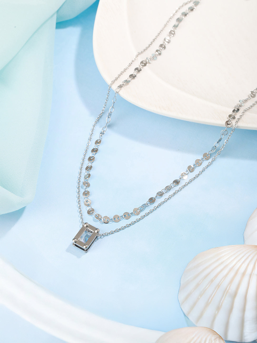 Anti-Tarnish Rhodium Plated Layered Ball Chain Shiny Geometric Square Stone  Necklace & Chain