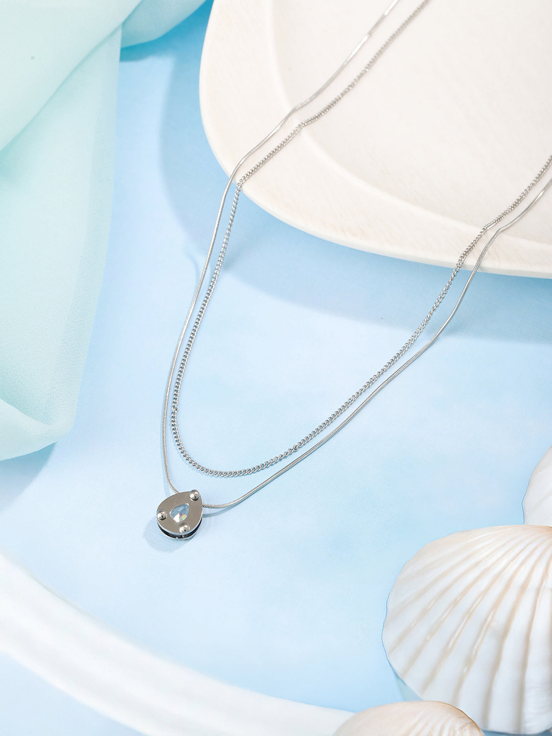 Anti-Tarnish Rhodium Plated Layered Shiny Stone Necklace & Chain