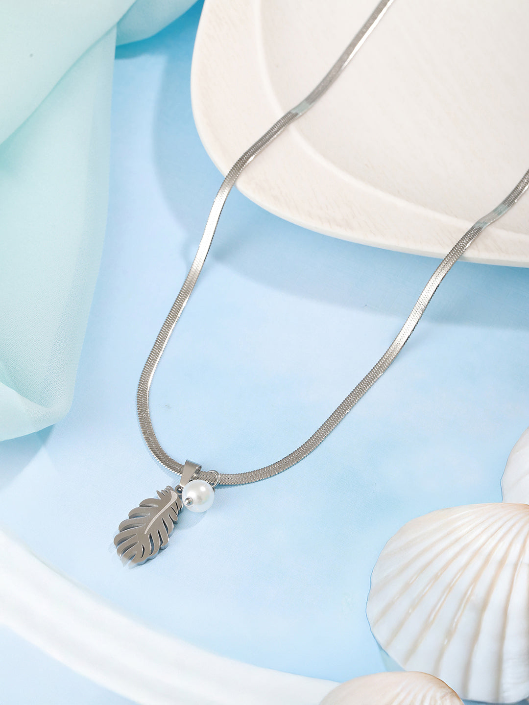 Anti-Tarnish Snake Chain Leaf & Pearl Minimal Pendant Necklace & Chain