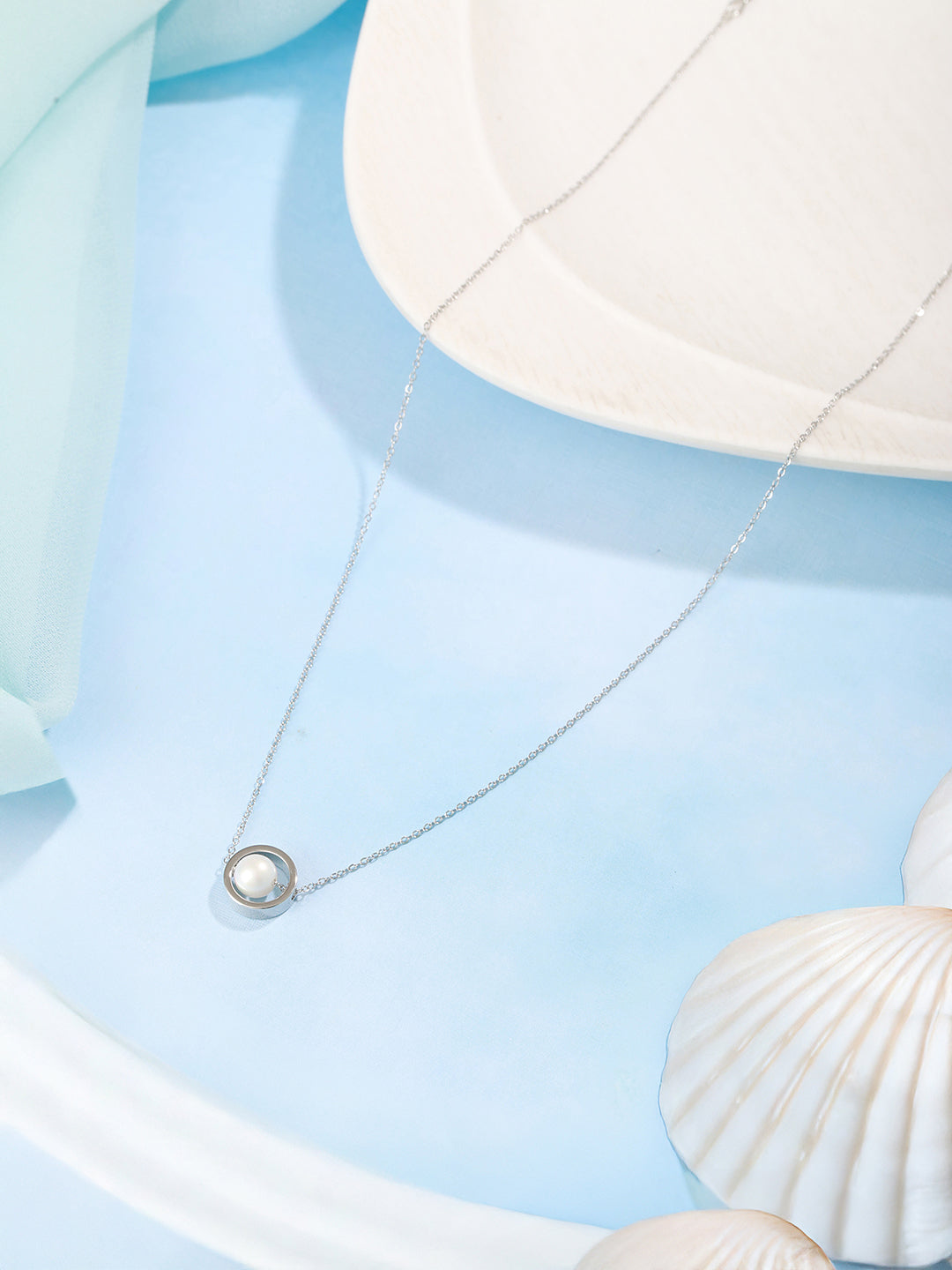 Anti-Tarnish Rhodium Plated Minimal Orbital Pearl Necklace & Chain