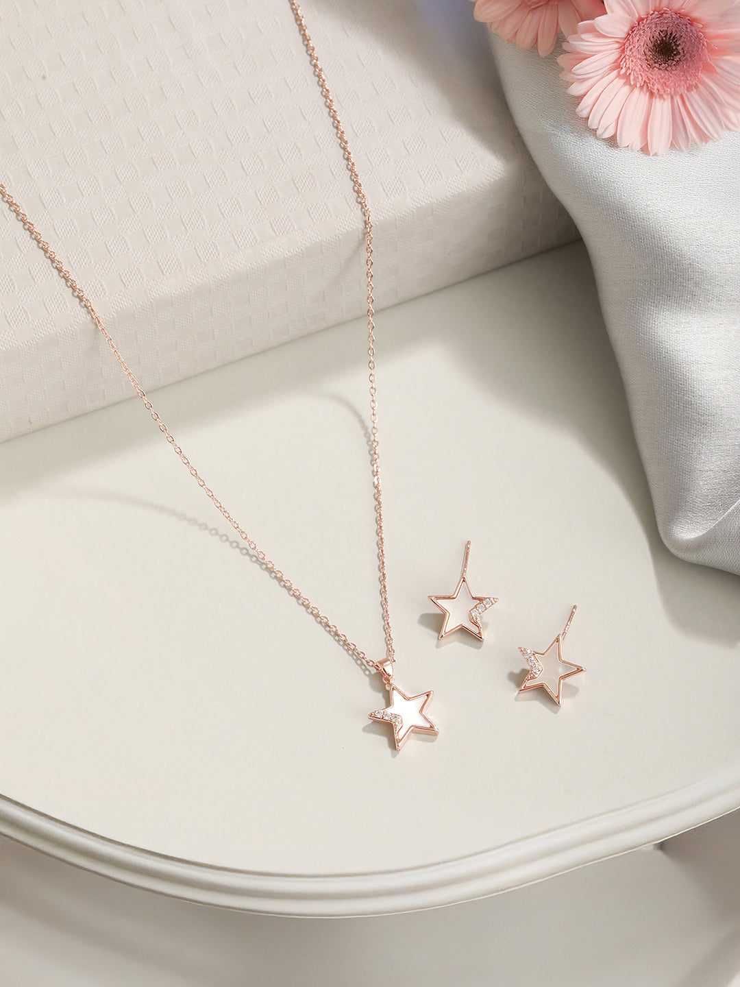 Anti-Tarnish Rose Gold Plated AD Studded Minimal Star Pendant jewellery Set