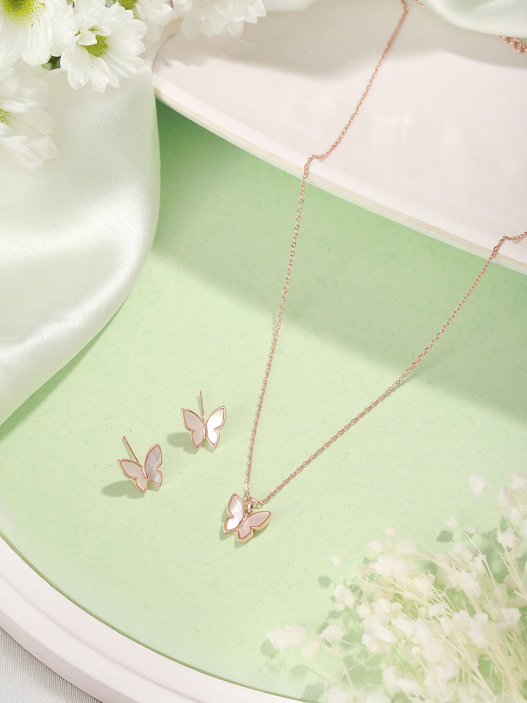 Anti-Tarnish Rose Gold Toned Faux Pearl Butterfly  Minimal Chain Pendant Jewellery Set