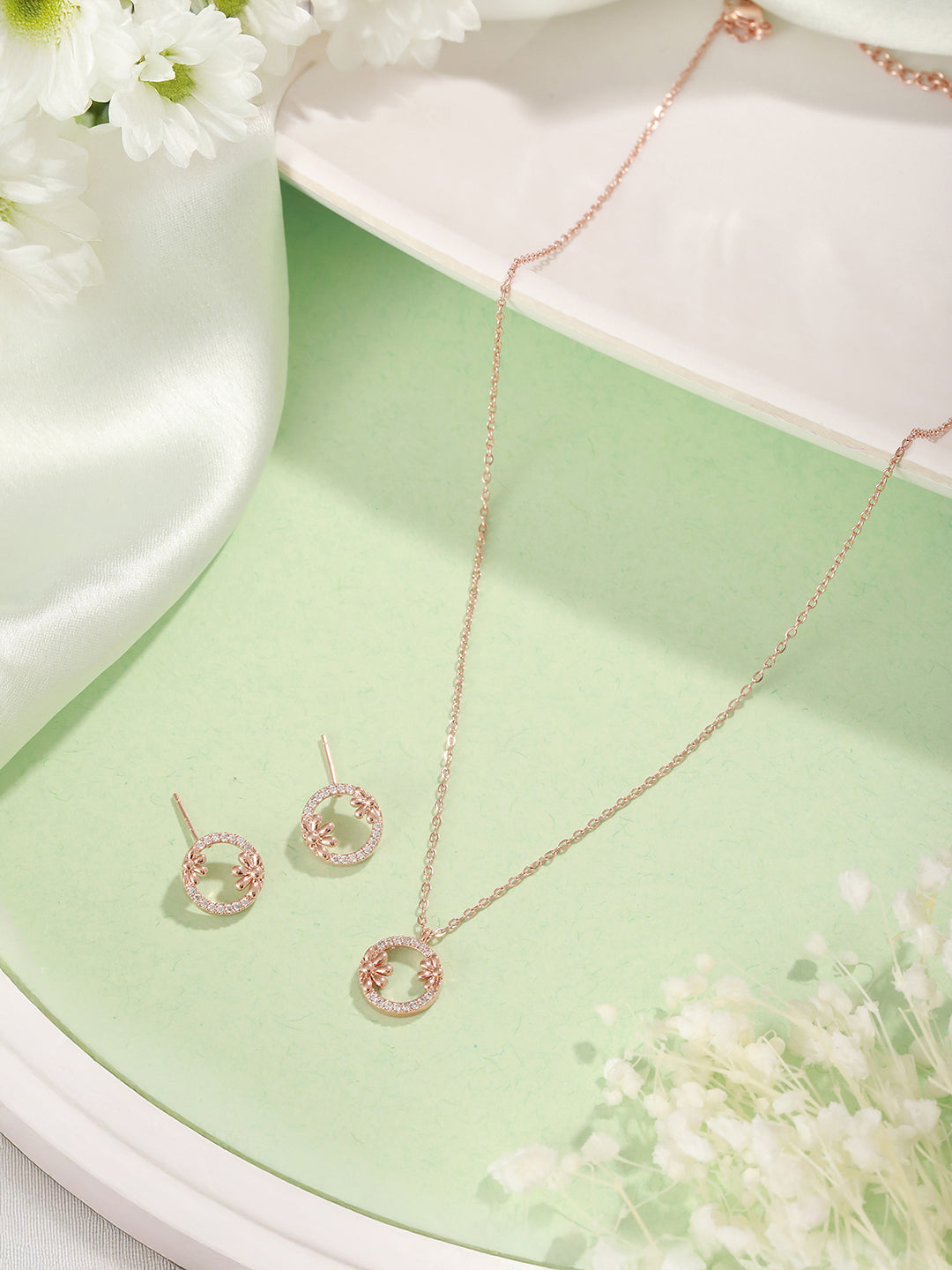 Anti-Tarnish Rose Gold Plated AD Studded Minimal Circular Floral Pendant Jewellery Set