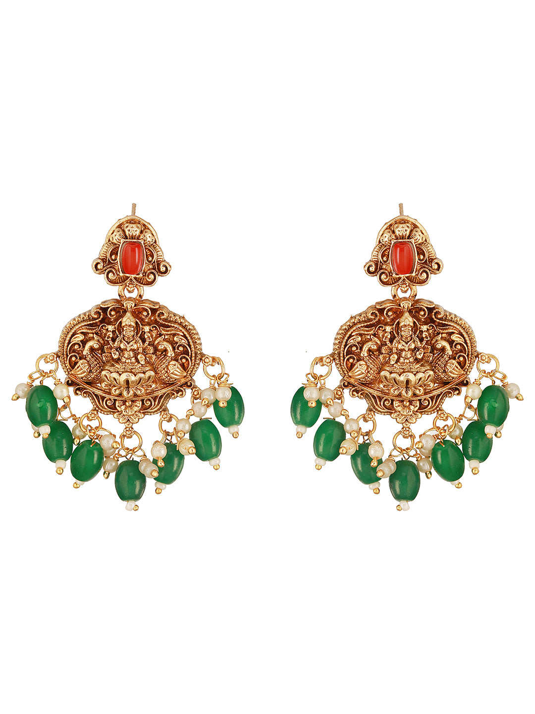 Gold Polish Red Coral Studded Lakshmiji Temple Necklace Jewellery Set