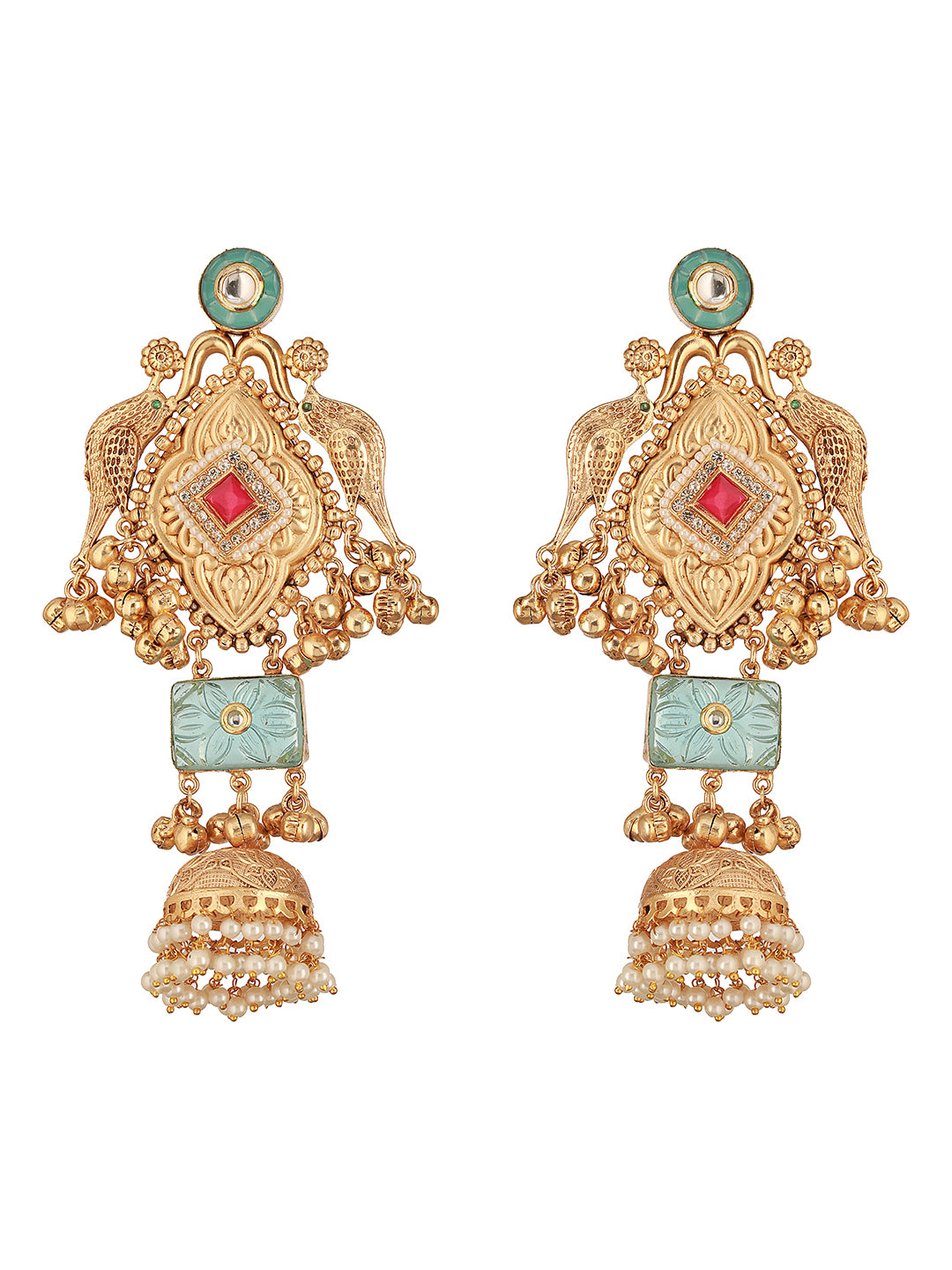 Gold Toned Kundan Studded Lightweight Bird Motif  Statement Bridal Jhumka Earrings