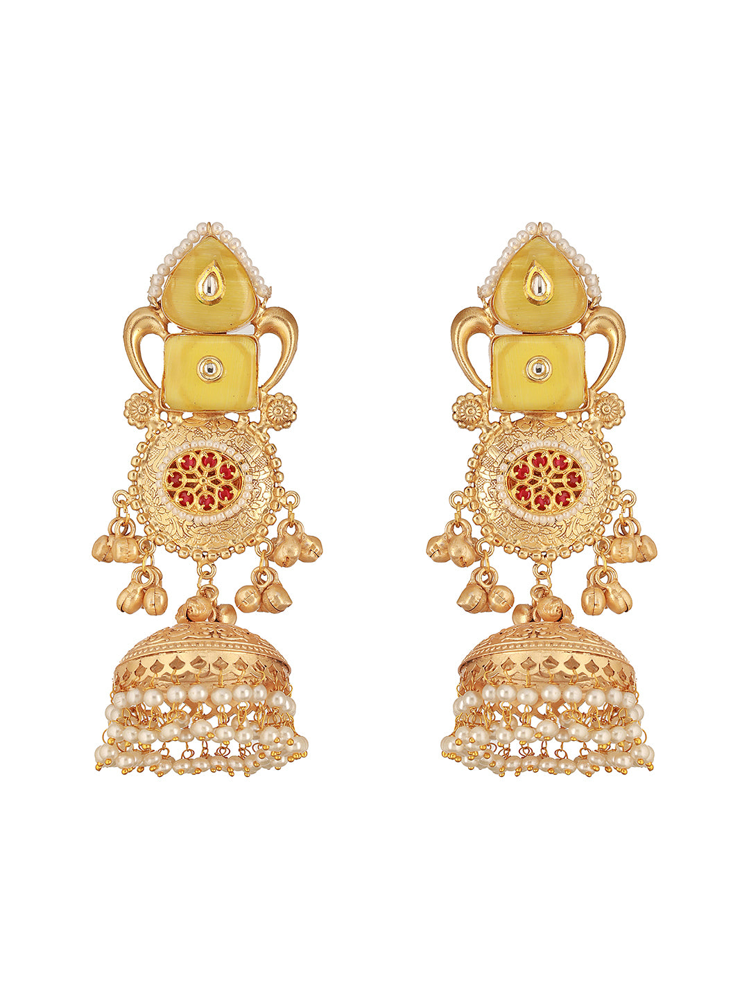 Gold Toned Yellow Stone & Kundan Lightweight Statement Large Jhumka Earrings