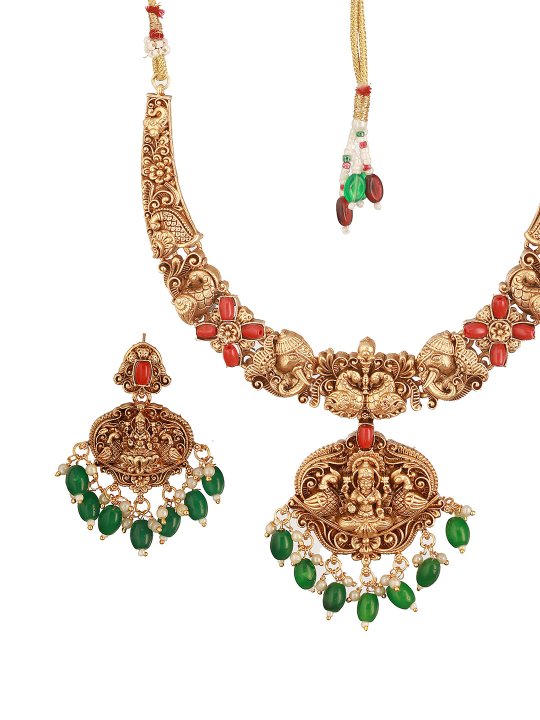 Gold Polish Red Coral Studded Lakshmiji Temple Necklace Jewellery Set