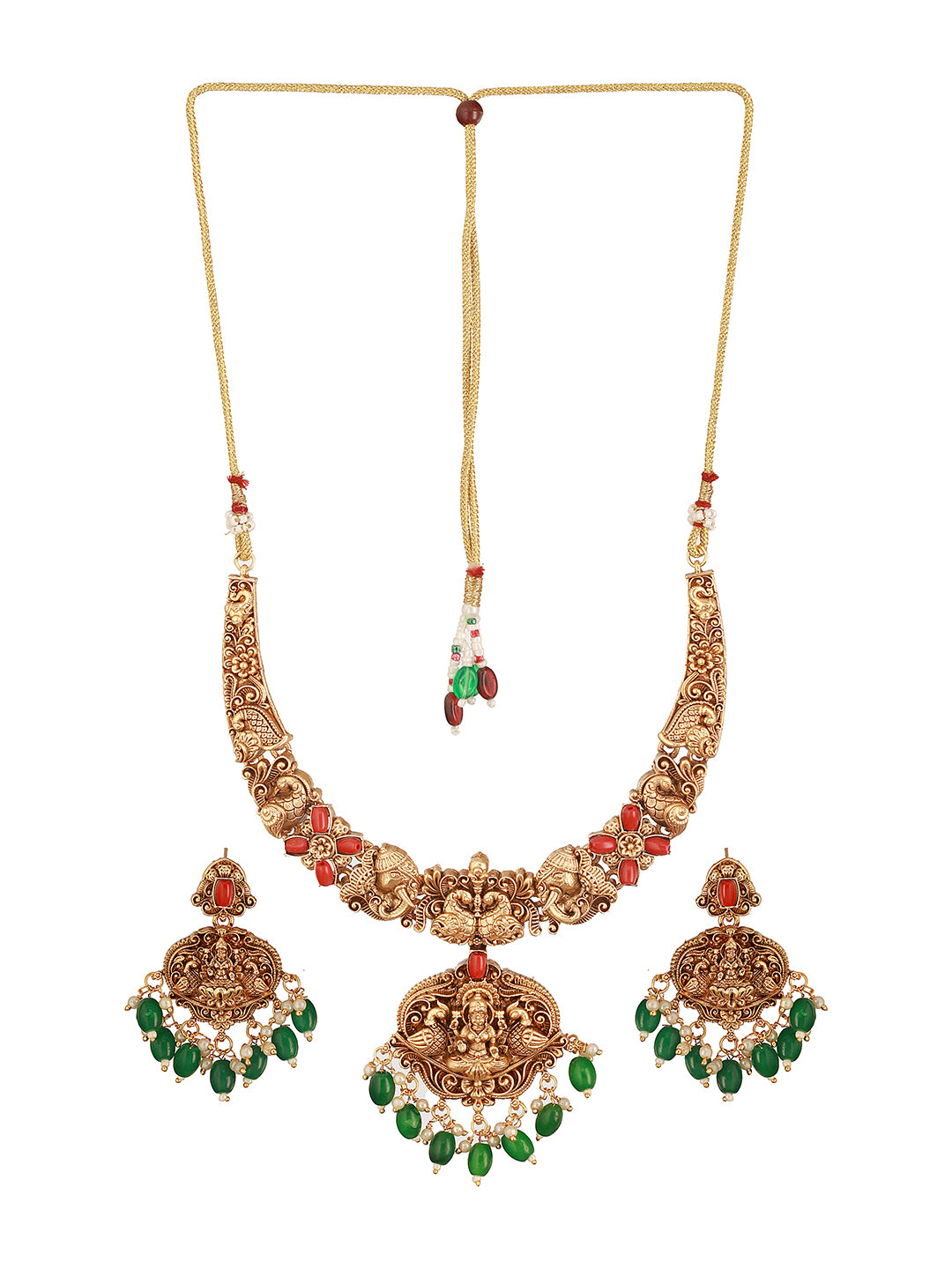 Gold Polish Red Coral Studded Lakshmiji Temple Necklace Jewellery Set