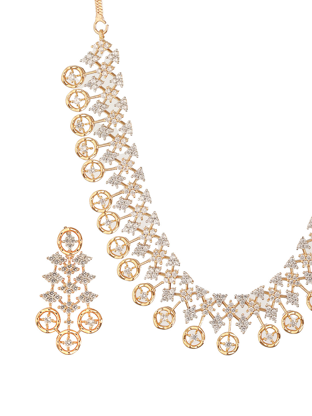 Gold Dual Toned C Zircon Studded Statement Geometric Partywear Necklace Jewellery Set