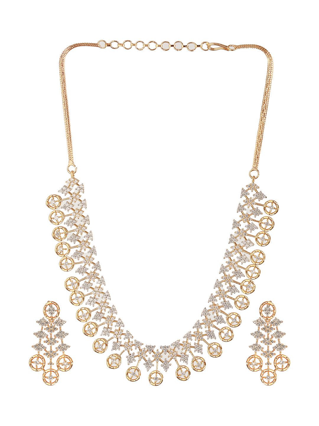 Gold Dual Toned C Zircon Studded Statement Geometric Partywear Necklace Jewellery Set