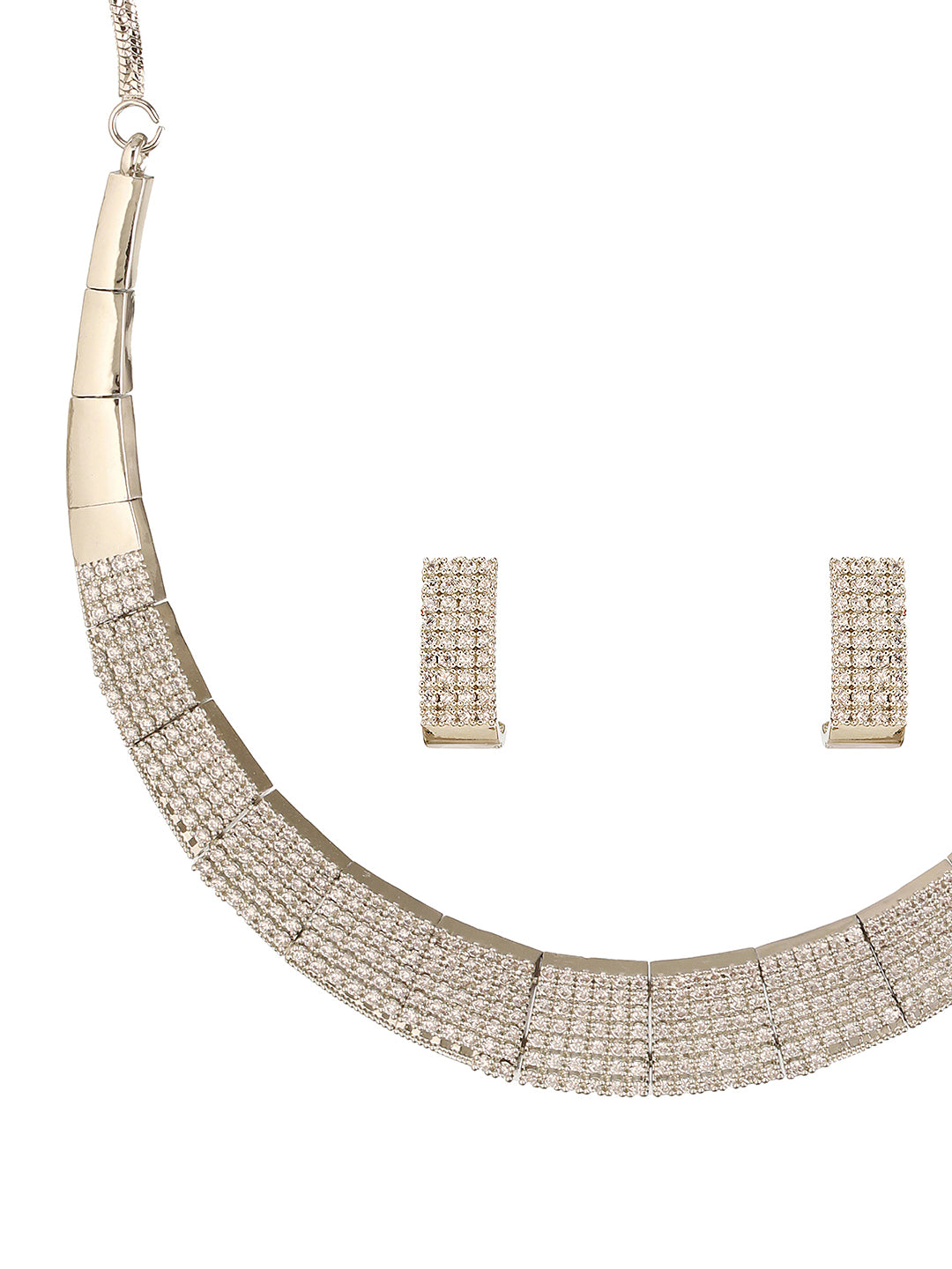Silver Toned Zircon Studded Statement Collar Necklace Jewellery Set